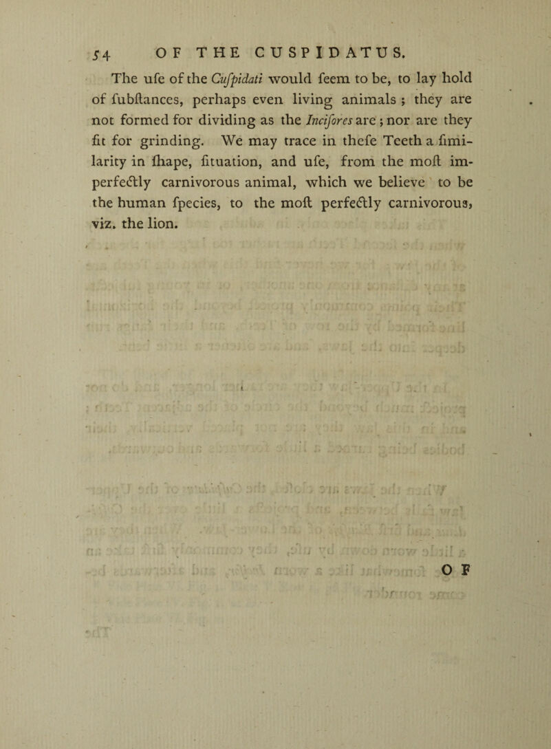 The ufe of the Cufpidati would feem to be, to lay hold of fubflances, perhaps even living animals ; they are not formed for dividing as the Incifores are ; nor are they fit for grinding. We may trace in thefe Teeth a fimi- larity in ihape, fituation, and ufe, from the moil im¬ perfectly carnivorous animal, which we believe to be the human fpecies, to the moil perfectly carnivorous, viz. the lion.