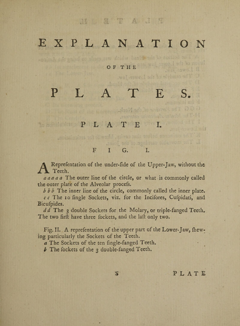 EXPLANATION O F T H E PLATES. PLATE I. F I G. I. Reprefentation of the under-fide of the Upper-Jaw, without the Teeth. aaaaa The outer line of the circle, or what is commonly called the outer plate of the Alveolar procefs. b bb The inner line of the circle, commonly called the inner plate. cc The io fingle Sockets, viz. for the Incifores, Cufpidati, and Bicufpides. d d The 3 double Sockets for the Molary, or triple-fanged Teeth. The two firft have three fockets, and the laft only two. Fig. II. A reprefentation of the upper part of the Lower-Jaw, (hew¬ ing particularly the Sockets of the Teeth. a The Sockets of the ten fingle-fanged Teeth. b The fockets of the 3 double-fanged Teeth. S PLATE