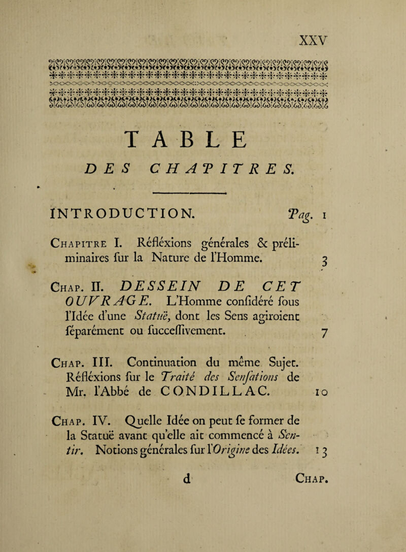 TABLE DES C H A T I T R E S. INTRODUCTION. Tag. i Chapitre I. Réflexions générales & préli¬ minaires fur la Nature de l’Homme. 3 Chap. II. DESSEIN DE CET OUVRAGE. L’Homme confidéré fous l’Idée d’une Statue, dont les Sens agiraient féparément ou fucceiïîvement. 7 Chap. III. Continuation du meme Sujet. Réfléxions fur le Traité des S en fat ions de Mr. l’Abbé de CO ND IL LAC. 10 Chap. IV. Quelle Idée on peut fe former de la Statue avant quelle ait commencé à Sen¬ tir. Notions générales fur l'Origine des Idées. 1 3