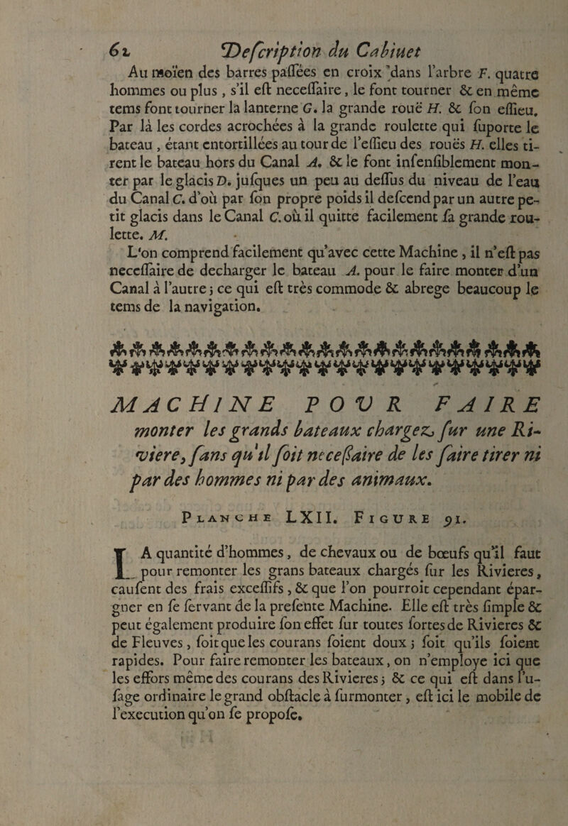 6 z ‘Description du Cabinet Au moïen des barres palfées en croix ’dans l’arbre F. quatre hommes ou plus , s’il eft neceflaire, le font tourner & en même tems font tourner la lanterne G, la grande roue H. 6c fon eflieu. Par là les cordes acrochées à la grande roulette qui fuporte le bateau , étant entortillées au tour de l’elîieu des roues H. elles ti¬ rent le bateau hors du Canal A, 6c le font infenliblement mon¬ ter par le glacis D, jufques un peu au deflus du niveau de l’eau du Canal C. d’où par fon propre poids il defcendparun autre pe¬ tit glacis dans le Canal C.où il quitte facilement fà grande rou¬ lette. M. L'on comprend facilement qu’avec cette Machine, il n’eft pas neccflàirede décharger le bateau A. pour le faire monter d’un Canal à l’autre j ce qui eft très commode 6c abrégé beaucoup le tems de la navigation. &&&&&&■&&&&&&&&&&&&&&&&& V 9 U1 9 V 7 T 9 v V T T1 ÿ f f 7 ♦ V v -V -V T » X* MACHINE POVR FAIRE monter les grands bateaux chargea fur une Ri~ viereyfans qutl foit necefiaire de Us faire tirer ni par des hommes ni par des animaux. Planche LXII. Figure IA quantité d’hommes, de chevaux ou de bœufs qu’il faut pour remonter les grans bateaux chargés fur les Rivières, caufent des frais exceflifs , 6c que l’on pourroit cependant épar¬ gner en fe fèrvant de la prelente Machine. Elle eft très ftmple 6c peut également produire fon effet fur toutes fortes de Rivières 6c de Fleuves j foit que les courans foient doux 5 foit qu’ils foient rapides. Pour faire remonter les bateaux, on n’empîoye ici que les effors même des courans des Rivières 5 6c ce qui eft dans l’u- fage ordinaire le grand obftacle à furmonter, eft ici le mobile de l’execution qu’on fe propolè*