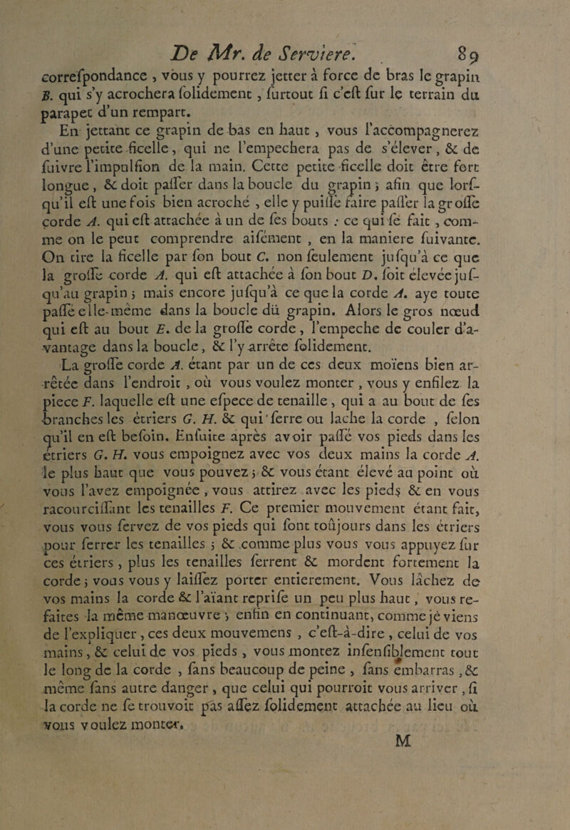 correfpondance , vous y pourrez jetter à force de bras le grapiu B. qui s’y acrochera folidement , furtout fi c’eft fur le terrain du parapec d’un rempart. En jettanc ce grapin de bas en liant , vous l’accompagnerez d’une petite ficelle, qui ne l’empechera pas de s’élever, de de fuivre l’impalfion de la main. Cette petite ficelle doit être fort longue, de doit palfer dans la boucle du grapinj afin que lors¬ qu’il eft une fois bien acroché , elle y puillè faire palier lagroile corde A. qui eft attachée à un de fes bouts : ce qui fie fait , com¬ me on le peut comprendre aifiément , en la maniéré fiuivante. On tire la ficelle par fion bout C. non feulement jufqu’à ce que la groftè corde A. qui eft attachée à fion bout D. fioit elevée jufi- qu’au grapin j mais encore jufiqua ce que la corde A. aye toute pâlie elle-meme dans la boucle du. grapin. Alors le gros nœud qui eft au bout F. de la grollè corde , l’empeche de couler d’a- vantage dans la boucle, de l’y arrête folidement. La grolfie corde A. étant par un de ces deux moïens bien ar¬ rêtée dans l’endroit , où vous voulez monter , vous y enfilez la piece F. laquelle eft une efipece de tenaille , qui a au bout de fies ■branches les étriers G. H. de qui'ferre ou lâche la corde , félon qu’il en eft beloin. Enfuite après avoir palfé vos pieds dans les etriers G. H. vous empoignez avec vos deux mains la corde A. le plus haut que vous pouvez 5 de vous étant élevé au point où vous l’avez empoignée , vous attirez avec les pieds de en vous racourciftànt les tenailles F. Ce premier mouvement étant fait, vous vous fiervez de vos pieds qui font toujours dans les étriers pour ferrer les tenailles 5 & comme plus vous vous appuyez fur ces étriers, plus les tenailles ferrent de mordent fortement la corde j vous vous y laillez porter entièrement. Vous lâchez de vos mains la corde &e l’aïant reprifie un peu plus haut, vous re¬ faites la même manœuvre -, enfin en continuant, comme jè viens de l’expliquer, ces deux mouvemens , c’eft-à-dire , celui de vos mains, de celui de vos pieds , vous montez infienfiblement tout le long de la corde , fans beaucoup de peine , fans embarras ,dc même fans autre danger , que celui qui pourroit vous arriver, Ci la corde ne fe trouvoit pas affiez folidement attachée au lieu où. vous voulez monter. M