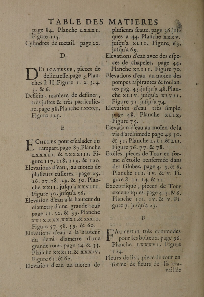 TABLE DES page 84. Planche lxxxi. Figure 115. Cylindres de metail. page 12. m D Elicatesse, pièces de deiicatefie.page 3.Plan¬ ches I. II. Figure 1. 2. 3.4. 5. 6c 6. Deflein , maniéré de defiîner , très juftes êc très particuliè¬ re, page 5?8.Planche lxxxvi. Figure 1 25. ECheles pourefcalader un rampart.page 87.Planche lxxxi 1. 6c lxxxiii. Fi¬ gure 117. 118. 119. ôc 120, Elévations d’eau , au moïen de plufieurs culieres. page 25. 26. 27. 28. 15. 5c 30. Plan¬ che xxii. jufqu’a xxv ni. , Figure 50. jufqua 56. Elévation d’eau a la hauteur du diamètre d’une grande roue page 31. 32. & 33. Planche xxix.xxx.xxxi.ôcxxxn. MATIERES plufieurs féaux, page 3^.juf* ques a 44. Planche xxxv. jufqu’a xl 11. Figure. 63. jufqu’a 69. Elévations d’eau avec des efpe- ces de chapelet, page 44. Planche xl 111. Figure 70. Elévations d’eau au moïen des pompes afpirantes 6c foulan¬ tes pag. 45.jufqu’a 48.Plan¬ che xl iv. jufqu’a xlv 11. Figure 71. jufqu’a 74. Elévation d’eau très fimple. page 48. Planche xli^., Figure 75. - Elévation d’eau au moïen de la vis d’archimede.page 45). 50. 6c 5 1. Planche l. l 1.6c lu. Figure 76. 77. 6c 78. Etoiles, pièces de Tour en for¬ me d’étoile renfermée dans des Globes, page 4, 5.6c 6. Planche m. iv. & v. Fi¬ gure 8. 11. 14. 6c 2 1. Excentrique , pièces de Tour excentriques, page4. Planche 111. iv,6c v. Fi¬ gure 7. jufqu’a 23. Figure 57. 38. 55). 6c 60. Elévations d’eau a la hauteur du demi diamètre d’une grande roue, page 34. 6c 3 5. Planche xxx 111.6c xxxiv. Figure 6 1.6c 6 2. Elévation d’eau au moïen de FAuteuil très commodes pour les boiteux, page 96. Planche lxxxvi. Figure 1 24. Fleurs de lis , piecede tour en forme de fleurs de lis tra- • 11 f vaillec