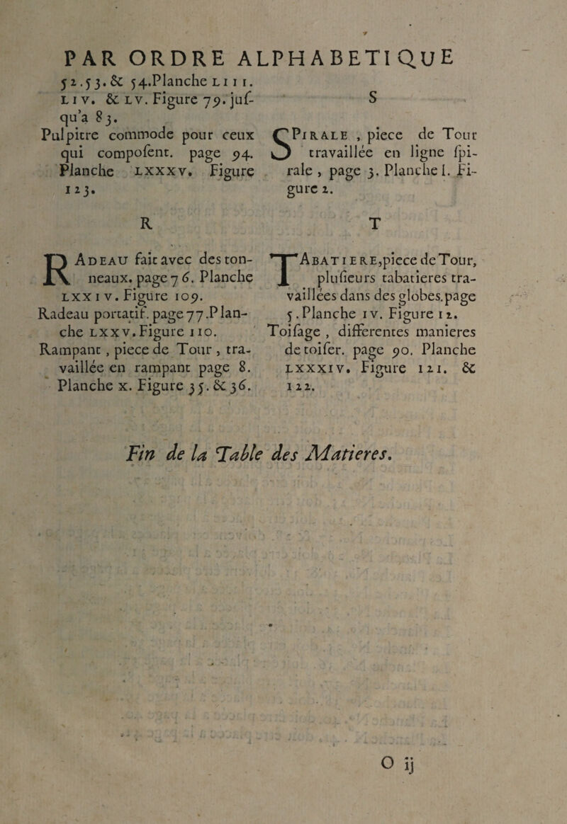 y PAR ORDRE ALPHABETIQUE 52.53.6c 54,Planche liii. liv. & lv. Figure 72. juf- qu’a 83. Pul pitre commode pour ceux qui compofent. page 5)4. Planche lxxxv. Figure 123. R RAdeau fait avec des ton¬ neaux. page 7 6. Planche lxx 1 v. Figure 109. Radeau portatif, page 77 .P lan- che lxx v. Figure 110. Rampant, piece de Tour , tra¬ vaillée en rampant page 8. Planche x. Figure 35.5c 36. S SPirale , piece de Tour travaillée en ligne fpi- rale , page 5. Planche!. Fi¬ gure 2. T T Abat 1 ere, piece de Tour, plu lieu rs tabatières tra¬ vaillées dans des globes.page 5.Planche iv. Figure 12. Toilage , differentes maniérés detoifer. page 90. Planche lxxxiv. Figure 121. 5c CJ 122. - • - J./. . * * . Fin de la Fable des Matières.