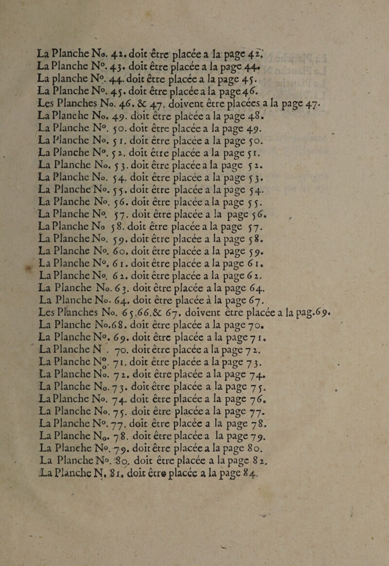 La Planche N°. 43. doit être placée a la page 44, La planche N°. 44. doit être placée a la page 43. La Planche N°. 45. doit être placée a la page 46. Les Planches No. 46. &; 47. doivent être placées a la page 47. La Planche No. 49. doit être placée a la page 48. La Planche N°. 50. doit être placée a la page 45?. La Planche N«. 5 1. doit être placée a la page 50. La Planche N°. 5 2. doit êtïe placée a la page 5 r. La Planche No. 3 3. doit être placée a la page 51. La Planche No. 54. doit être placée a la page 53. La Planche No. 55. doit être placée a la page 54. La Planche N». 56. doit être placée a la page 5 5. La Planche N°. 57. doit être placée a la page 5 6. La Planche No 58. doit être placée a la page 57. La Planche No. 59. doit être placée a la page 58. La Planche N°. 60. doit être placée a la page 59. La Planche N°. 61. doit être placée a la page 61. La Planche No. 6 2. doit être placée a la page 62. La Planche No. 63. doit être placée a la page 64. La Planche No. 64. doit être placée à la page 6j. Les Plianches No. 65.66.8c 67. doivent être placée a la pag.^5>. La Planche N0.68. doit être placée a la page 70, La Planche N°. 69, doit être placée a la page 7 1. La Planche N . 70. doit être placée a la page 7 2. La Planche N®. 71. doit être placée a la page 7 3. La Planche No. 7 2, doit être placée a la page 74. La Planche No. 73. doit être placée a la page 7 5. La Planche No. 74. doit être placée a la page 7 6, La Planche No. 75. doit être placée a la page 77. La Planche N°. 77. doit être placée a la page 78. La Planche N0. 78. doit être placée a la page 79. La Planche N°. 79. doit être placée a la page 80. La Planche N°. '80, doit être placée a la page 8 2.