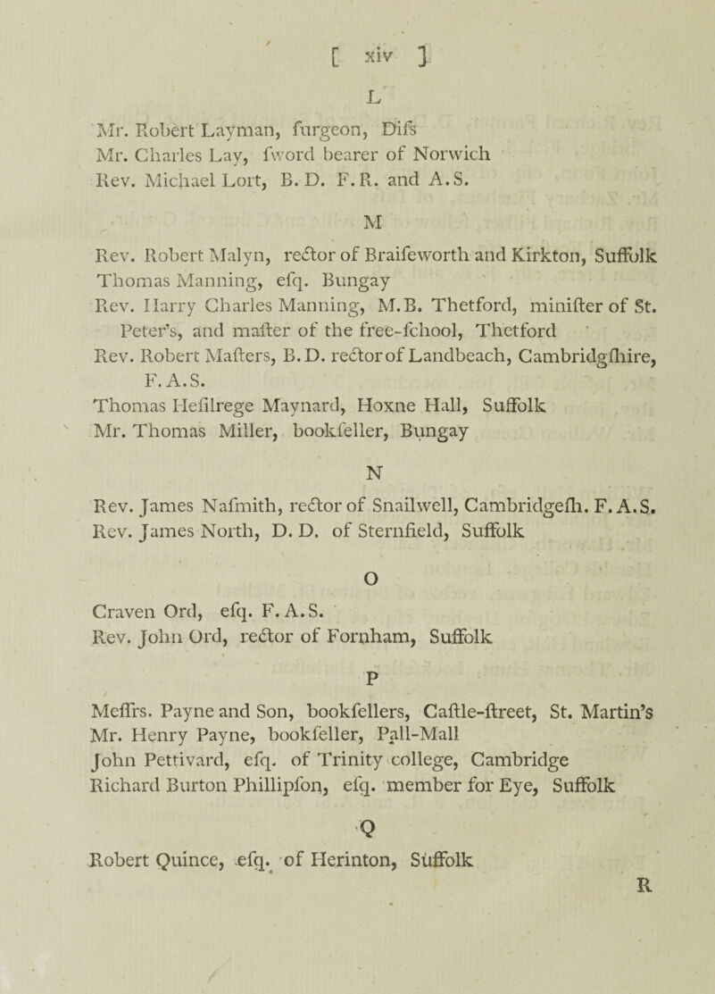 ✓ [ Xiv ] L Mr. Robert Layman, furgeon, Difs Mr. Charles Lay, fword bearer of Norwich Rev. Michael Lort, B. D. F. R. and A.S. M Rev. Robert Malyn, redlor of Braifeworth and Kirkton, Suffolk Thomas Manning, efq. Bungay Rev. Ilarry Charles Manning, M.B. Thetford, minifter of St. Peter’s, and mailer of the free-fchool, Thetford Rev. Robert Mailers, B.D. reflorof Landbeach, Cambridgfhire, F. A.S. Thomas Heiilrege Maynard, Hoxne Hall, Suffolk Mr. Thomas Miller, bookfeller, Bungay N Rev. James Nafmith, recftor of Snailwell, Cambridgeili. F. A.S. Rev. James North, D. D, of Sternfield, Suffolk * * ~ a _i - p t O Craven Ord, efq. F. A.S. Rev. John Ord, redlor of Fornham, Suffolk P Meffrs. Payne and Son, bookfellers, Caflle-flreet, St. Martin’s Mr. Henry Payne, bookfeller, Pall-Mall John Pettivard, efq. of Trinity college, Cambridge Richard Burton Phillipfon, efq. member for Eye, Suffolk Q Robert Quince, efq. of Herinton, Suffolk R