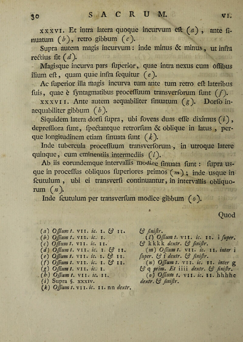 xxxvi. Et intra latera quoque incurvum eft jaj , ante fi- nuatum (£), retro gibbum (c). Supra autem magis incurvum: inde minus & minus, ut infra reftius fit jdj. Magisque incurva pars fuperior, quae intra nexus cum Oflibus ilium eft, quam quae infra fequitur (e). Ac fuperior illa magis incurva tum ante tum retro eft lateribus fuis, quae b fyntagmatibus proceffuum transverforum funt (/). xxxvi i. Ante autem aequabiliter linuatum (g). Dorfo in¬ aequabiliter gibbum ( h y Siquidem latera dorfi fupra, ubi foveas duas effe diximus (2) , depreffiora funt, fpe&antque retrorfum & oblique in latus , per- que longitudinem etiam finuata funt (/£). Inde tubercula proceffuum transverforum , in utroque latere quinque, cum eminentiis intermediis (/). Ab iis eorundemque intervallis modice finuata funt: fupra us¬ que in proceffus obliquos fuperiores primos (m) ; inde usque in fcutulum , ubi ei transverfi continuantur, in intervallis obliquo¬ rum (»). Inde fcutulum per transverfum modice gibbum ( 0). Quod (a) Ojjiumt. vii. ic. 1. & 11. (b) Ojjiumt. vii. ic. 1. (c) Ojjiumt. vii. ic. 11. (d) Ojjiumt. vii . ic. 1. £s? 11. (e) Ojjiumt. vii. ic. 1. £s? 11. (f) Ojjiumt. vii. ic. 1. 11. \g) Ojjiumt. vii. ic. 1. (h) OJJium t. vii. ic. 11. (i) Supra §. xxxiv. (£) Ojjium t. vii. ic. 11. nn dextr. (m) Ojjiumt. vii. ic. 11. inter i fuper. £5? f dextr. £2? finifir. £2? JiniJlr. (/) Ojjiumt. vii. ic. 11. i fluper. £5? kkkk dextr. £5? Jiniflr. (n) Ojjiumt. vii. ic. 11. inter g £5? q prim. Et iiii dextr. £5? Jiniflr. (0) Ojjium t. vii. ic. 11. hhhhe dextr. £5? Jiniflr.
