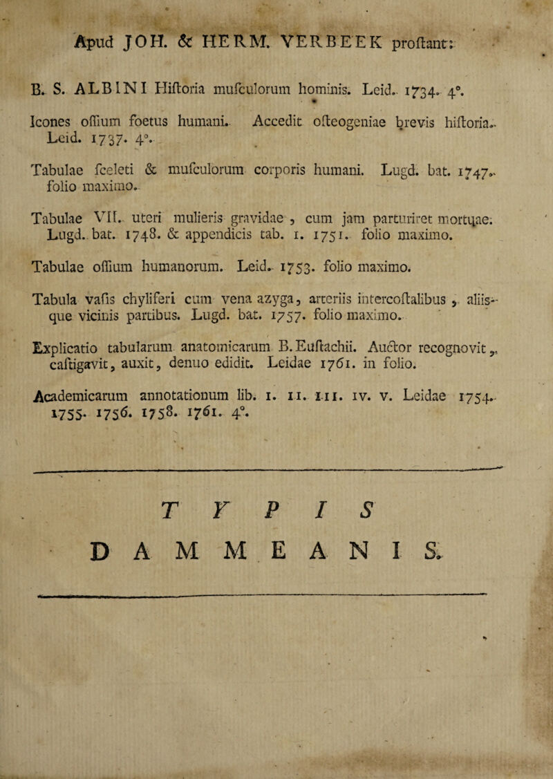 Apud JOH. & HERM. VERBEEK proflant: S. ALBINI Hiftoria mufculorum hominis. Leid. 1734. 40. Icones offium foetus humani.. Accedit ofteogeniae brevis hiftoria- Leid. 1737. 40. Tabulae fceleti & mufculorum corporis humani. Lugd. bat. 1747*. folio maximo. Tabulae VH. uteri mulieris gravidae , cum jam parturiret mortuae. Lugd. bat. 1748. & appendicis tab. 1. 1751. folio maximo. Tabulae offium humanorum. Leid. 1753. folio maximo. Tabula vafis chyliferi cum vena azyga, arteriis intercoflalibus * aliis¬ que vicinis partibus. Lugd. bat. 1757. folio maximo. Explicatio tabularum anatomicarum B.Euftachii. Auctor recognovit ,, caftigavit, auxit, denuo edidit. Leidae 1761. in folio. Academicarum annotationum lib. 1. 11. 111. iv. v. Leidae 1754. 1755* i7S<5- 1758- *7$l- 4°- TYPIS D A M M E A N I S.