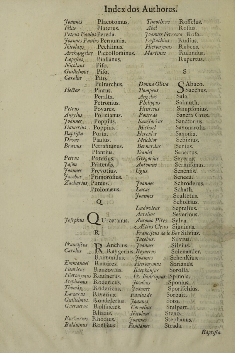 Joannes Placotomus. Felix Platerus. Petrus Paulus Pereda. Joannes Paulas Pernumia. Nicolaus. Pechlinus. Archmgelus Piccoilominus. Tmothíus RoíTelus. Abel Roíius. Joannes Ferierra Roía. Euftachius Hieronymus Martims Lopejias. Nicolaus Pinfianus. Pifo. Rudius. Rubcus. Ruiandus. Rupertus. Guiílelmus .. Pifo. S Carolas • Piío. -- * Pultarchus. - Dorma Oliva Ç Abuco. Hecror • * * Pintus. Pompeus ,3 Sacchus. - * • Peralta. Angelas Sala. Petronius. Phdippus Salmuth. Petrus Poyares. Fknncus Sampíbnius. Angelas Policianus. Ponce de Sandia Cruz Joannes , Poppius. Sanel ori us Sanbtorius. Hamerius Poppius. Michael Savonarola. Baptifta Porta. Hercal s Saxonia. F>'vvus Paulus. Melchior Sebizius. Bravas Petrafitanus. Bernardas Senius. Plantius. Daniel Senertus. Petrus Póterius. Gregorius . Seyerus'. Jafin Pratenfts. Antonius Sérmiíbnus. Joannes Prevotius. Ugus Seneníis. Jacobus Primoroíius. \ .cif Seneca. Zacharias-PutQu*. ' Joannes Schroderus, Ptolomaeus. Lucas Schath. Joannes Scultetus. a Scholtius. Jofiphus Q Urcetanus. Ladovicus Amélias Septalius. Severinus. R Antonio Pires Sylva. o'Etius Cleivs Signimis. Francifcus de leBoy Silvius. Fr and fias Carolas Anchius. Jd cobris. Joannes w Raimundus. Emmanuel R are ires. Henricas Ranzovius. Eieronymus Reuínerus. Stephanus Rodericus. Thomky . Rodericus. Lazarus Pviverius. Guiílelmus. Rondeletius. Guernerus Rolfincius. Rhazis. Fuchanus Rhodius. Balduims Roníieus. Raygerius. Reyncrus Joannes Hieronymus Ildephonfus Silvius. Silvius. Solenander. SchenKius. Sorianus. Sorolla. Fr. Fadriquus Spinoía. Jocabas Sponius. Joannes Sporifchius Paulus de Sorbait. Joannes Soto. Cornelius Staipart. Nicolaus Steno. Joannes Stephanus. Famianus Strada. Bâptijla