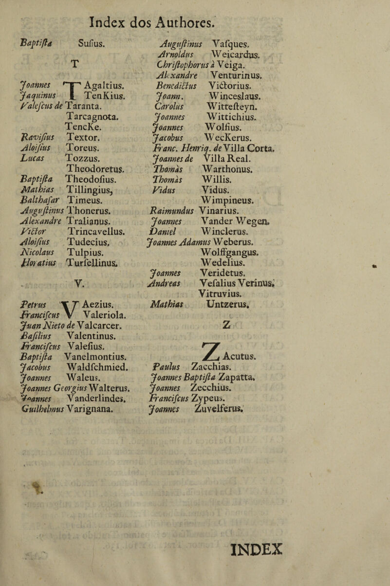 T Joannes rT‘'' Agaltius. Ja quinas TenKius. Falefcus de Taranta. Tarcagnota. TencKe. Raviftus Textor. Aloijius Toreus. Lucas Tozzus. Theodoretus. Baptifta Theodoíius. Mathias Tillingius, Balthafar Timeus. Augvftinus Thonerus. Alexandre Tralianus. Viffor Trinca vellus. Aloifius Tudecíus, Nicolaus Tulpius. floratius Turfellinus. Y. Petrns V T Aezius. Francifcus V Valeriola. Juan JSlieto de V alcarcer. Baftlius Valentinus. Francifcus Valelius. Baptifta Yanelmontius. Jacobus Waldfchmied. Joannes Waleus. Joannes Georgius Walterus. y^annes Y anderlindes. Gutlhelmus Yarignana. Amoldas W eicardus. Chriftophorus a Veiga. Alexandre Venturinus. Bencdiãus Yidlorius. Joann. Winceslaus. Carolas Wittefteyn. Joannes Wittichius. Joannes W olfius. Jacobus W ecKerus. Franc. Henriq. de VilJa Corta, Joannes de Vil la Real. Fhomàs Warthohus. Thomas Willis. Vidus Vidus. Wimpineus. Raimundus Vinarius. Joannes Vander V/egeii, Daniel W inclerus. Joannes Adamus Weberus. Wolffgangns. Wedelius. Joannes Veridetus. Andreas V efalius V erinus* Yitruvius. Mathias Untzerus. • i ■ : v • 1 *• ■ ••• ■ z rfi Acutus. Paulus Zacchias. Joannes Baptifta Zapatta* Joannes Zecchius. Francifcus Zypeuó. Joannes Zuvelferus. Index dos Authores. INDEX