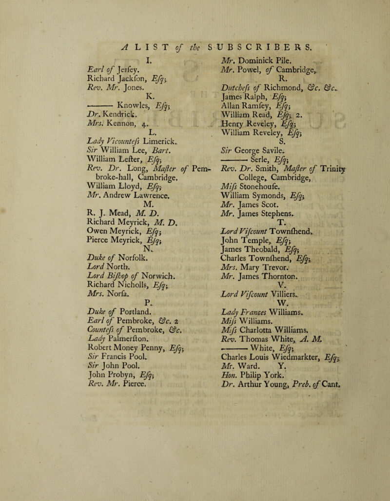 A LIST of the SUBSCRIBERS. I. Earl of Jerfey. Richard Jackfon, Efqy. Rev. Mr. Jones. K. *- Knowles, Efqy Dr. Kendrick. Mrs. Kennon, 4. L. Lady Vicountefs Limerick. Sir William Lee, Bart. William Letter, Efqy Rev. Dr. Long, Mafler of Pem- broke-hall, Cambridge. William Lloyd, Efqy Mr. Andrew Lawrence. M. R. J. Mead, M. D. Richard Meyrick, M. D. Owen Meyrick, Efqy Pierce Meyrick, Ejqy N. . Duke of Norfolk. Lord North. Lord Bifhop of Norwich. Richard Nicholls, Efqy. Mrs. Norfa. P. Duke of Portland. Earl of Pembroke, &c. 2 Countefs of Pembroke, &c. Lady Palmertton.. Robert Money Penny, Efqy Sir Francis Pool. Sir John Pool. John Probyn, Efqy Rev. Mr. Pierce. Mr. Dominick Pile. Mr. Powel, of Cambridge, R. Dutchefs of Richmond, &c. &c^ James Ralph, Efqy Allan Ramfey, Efqy William Read, Efqy. 2. Henry Reveley, Efqy William Reveley, Efqy S. Sir George Savile.. -~- Serle, Efqy Rev. Dr. Smith, Mafler of Trinity College, Cambridge, Mifs Stonehoufe. William Symonds, Efqy Mr. James Scot. Mr. James Stephens. T. Lord Vijcount Townfhend,. John Temple, Efqy James Theobald, Efqy Charles Townfhend, Efqy Mrs. Mary Trevor. Mr. James Thornton. Y. Lord Vifcount Villiers.. W. Lady Frances Williams. Mifs Williams. Mfs Charlotta Williams. Rev. Thomas White, A. M. --White, Efqy Charles Louis Wiedmarkter, Efqy Me. Ward. Y. Hon. Philip York. Dr. Arthur Young, Preb. of Cant.