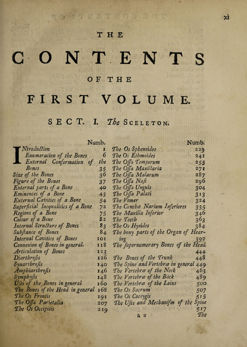 CO N TENT S O F T H E FIRST VOLUME. SECT. I. The Sceleton. Numb. Numb, TT NtroduBion 1 The Os Sphenoides 229 ;J Enumeration of the Bones 6 The Os Ethmoides 241 JL External Conformation of the The OJfa Temporum 2 55 Bones 35 The OJfa Maxillaria 271 Size of the Bones 36 The OJfa Malar urn 287 Figure of the Bones 37 The OJfa Naji 296 External parts of a Bone 40 The OJfa Unguis 304 Eminences of a Bone 4 3 The OJfa Palati 3i3 External Cavities of a Bone 54 The Vomer 324 Superficial Inequalities of a Bone 72 The Conchce Narium Inferiores 335 Regions of a Bone 75 The Maxilla Inferior 346 Colour of a Bone 82 The Teeth 363 Internal Structure of Bones S3 The Os Hyoid es 384 Suhfiance of Bones 84 The bony parts of the Organ of Hear- Internal Cavities of Bones 101 ing 392 Connexion of Bones in general. 118 The fupernumerary Bones of the Head Articulation of Bones 123 444 Diarthrofis 126 The Bones of the Trunk 448 Synarthrofis 140 The Spine and Vertebra in general 449 Amphiarthrofis 146 The Vertebra of the Neck 463 Symphyfis 148 The Vertebra of the Back 489 Vfes of the Bones in general 160 The Vertebra of the Loins 500 The Bones of the Head in general 168 The Os Sacrum 507 The Os Frontis 191 The Os Coccygis 515 The OJfa Parietalia 20 7 The Ufes and Mechanifm of the Spine The Os Occipitis 219 * 5i7 The