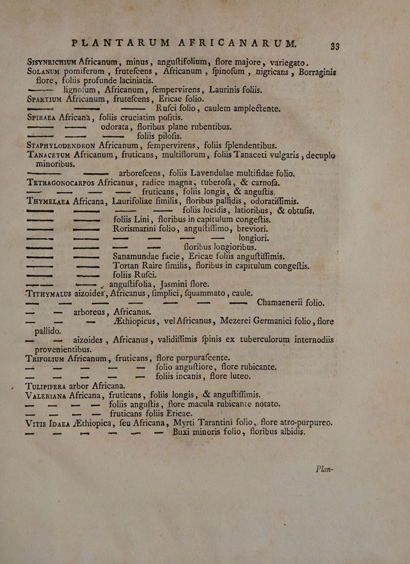 SrsvNRICHIUM Áfricanum, minus, anguftifolium, flore majore, variegato. SoLANuM pomiferum , frutefcens , Africanum , fpinofüm , nigricans , Borraginis flore, foliis profunde laciniatis. ———- lignofum, Africanum, fempervirens, Laurinis foliis. SraAnTIUM Africanum, frutefcens, Ericae folio. —— — Rufci folio, caulem amplectente. SPiRAEA Africana, foliis cruciatim pofitis. ' —— odorata, floribus plane rubentibus. ——— foliis pilofis. SrAPHYLODENDRON Africanum, fempervirens, foliis fplendentibus. TaNacETUM Africanum, fruticans, multiflorum, foliis Tanaceti vulgaris , decuplo minoribus. ——— arborefcens, foliis Lavendulae multifidae folio. TErRAGONOCAnPOS Áfricanus, radice magna, tuberofa, &amp; carnofa. — —— —— fruticans, foliis longis, &amp; anguftis. THvMrLAEA Africana, Laurifoliae fimilis, floribus pallidis , odoratiffimis. foliis lucidis, latioribus, &amp; obtufis, | ommum ume —— ——— foliis Lini, floribus in capitulum congeftis. e Ó— —— — Rorismarini folio, anguíliffimo, breviori. ——À ——— 0 — — — —— longiori. — — — —— floribus longioribus. —— ——— . Sanamundae facie, Ericae foliis anguftiffimis. —— ——- — Tortan Raire fimilis, floribus in capitulum congeftis. m——À ——— — folis Rufci. —— ———— , anguítifolia, Jasmini flore. Trruyuarvs aizoides , Africanus , fimplici, fquammato , caule. — a — — — — —— — Chamaenerii folio. — — arboreus, Africanus. — — — JKhiopicus, vel Africanus, Mezerei Germanici folio , flore pallido. — — aizoides , Africanus, validiffimis fpinis ex tuberculorum internodiis provenientibus. TnurormM Africanum, fruticans, flore purpurafcente. — — — -— -— folioanguftiore, flore rubicante. (es E ee — — foliis incanis, flore luteo. TuriPIFERA arbor Africana. VALERIANA Africana, fruticans, folis longis, &amp; anguftffimis. - — — -— -— folis anguftis, flore macula rubicante notato. — — — — éÍfruticans foliis Ericae. ; Viris IpazA ZEthiopica, feu Africana, Myrti Tarantini folio, flore atro-purpureo. Mw -— — — — Bpuxi minoris folio, floribus albidis. Plan-