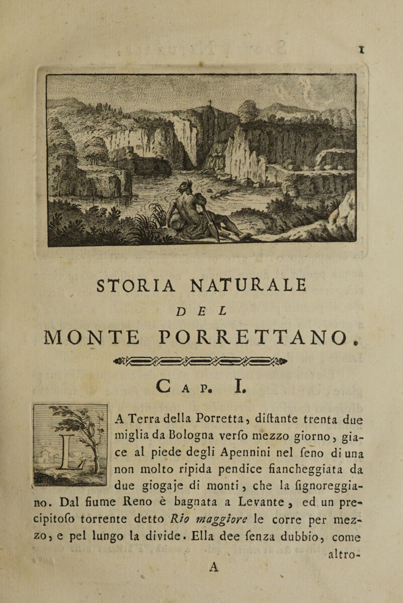 STORIA NATURALE DEL MONTE PORRETTANO. C A P. I. A Terra della Porretta, dittante trenta due miglia da Bologna verfo mezzo giorno, gia¬ ce al piede degli Apennini nel feno di una non molto ripida pendice fiancheggiata da due giogaje di monti, che la fignoreggia- no. Dal fiume Reno è bagnata a Levante 3 ed un pre- cipitofo torrente detto Rio maggiore le corre per mez^ zo, e pel lungo la divide. Ella dee fenza dubbio, come •' • altro- A