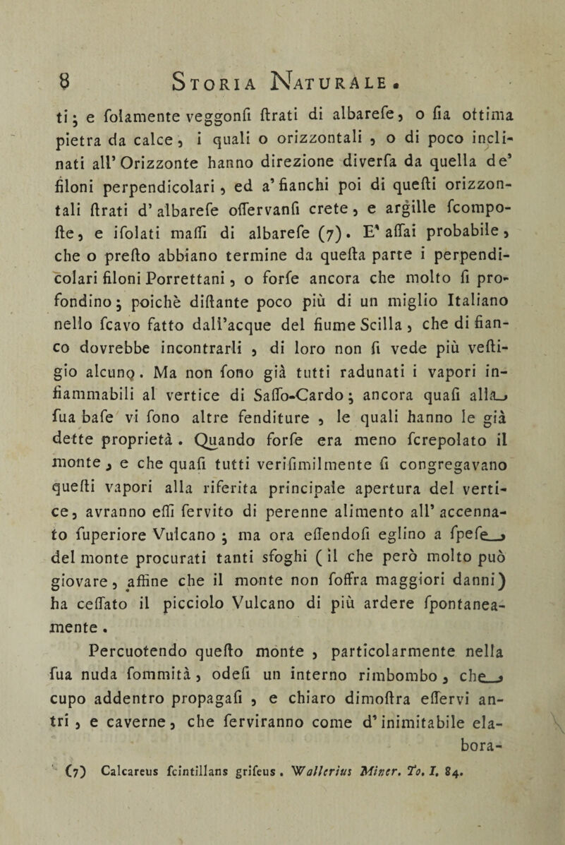 ti • e fidamente veggonfi (Irati di albarefe, o (la ottima pietra da calce, l quali o orizzontali , o di poco incli¬ nati all* Orizzonte hanno direzione diverfa da quella de’ filoni perpendicolari, ed a’fianchi poi di quelli orizzon¬ tali (Irati d’ albarefe odervanfi crete, e argille fcompo- (le, e ifolati malli di albarefe (7). E'affai probabile, che o predo abbiano termine da queda parte i perpendi¬ colari filoni Porrettani, o forfè ancora che molto fi pro¬ fondino ; poiché didante poco più di un miglio Italiano nello fcavo fatto dalì’acque del fiume Scilla, che di fian¬ co dovrebbe incontrarli , di loro non fi vede più vedi- gio alcunQ. Ma non fono già tutti radunati i vapori in¬ fiammabili al vertice di Saffo-Cardo; ancora quali alla_> Tua bafe vi fono altre fenditure , le quali hanno le già dette proprietà . Quando forfè era meno fcrepolato il monte,, e che quafi tutti verifimilmente fi congregavano quedi vapori alla riferita principale apertura del verti¬ ce, avranno elfi fervito di perenne alimento all’accenna¬ to fuperiore Vulcano ; ma ora edendofi eglino a fpefe__> dei monte procurati tanti sfoghi ( il che però molto può giovare, affine che il monte non foffra maggiori danni) ha cedato il picciolo Vulcano di più ardere fpontanea- mente . Percuotendo quedo monte , particolarmente nella fua nuda fommità, odefi un interno rimbombo, che * cupo addentro propagafi , e chiaro dimodra edervi an¬ tri , e caverne, che ferviranno come d’inimitabile ela- bora- (7) Calcareus fcintillans grifeus . 'Wallerius Mincr. To. I. 84.