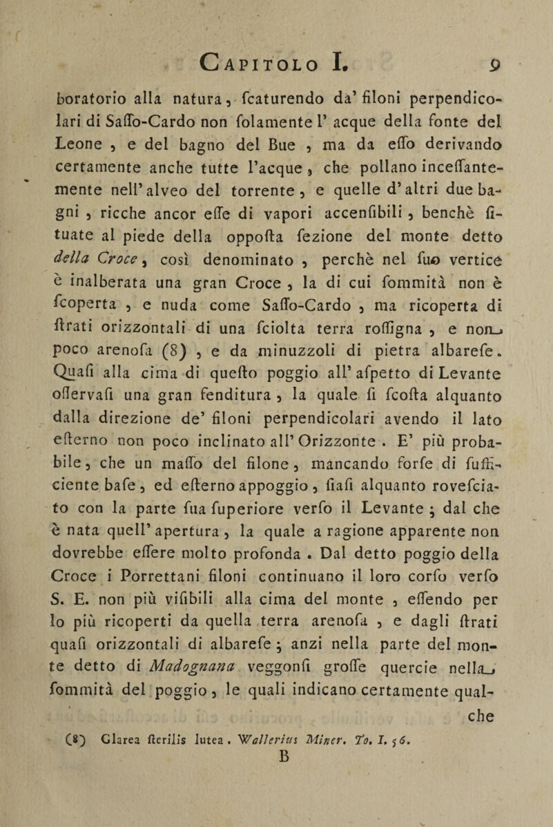 boratorio alla natura, Scaturendo da’filoni perpendico¬ lari di Saffo-Cardo non Solamente 1* acque della fonte del Leone , e del bagno del Bue , ma da effo derivando certamente anche tutte Tacque , che pollano inceffante- mente nell’alveo del torrente, e quelle d’altri due ba¬ gni 5 ricche ancor effe di vapori accensibili , benché fì- tuate al piede della oppofta Sezione dei monte detto della Croce, così denominato , perchè nel Suo vertice è inalberata una gran Croce , la di cui Sommità non è Scoperta , e nuda come Saffo-Cardo , ma ricoperta di ftrati orizzontali di una Sciolta terra roffìgna , e non-* poco arenofa (8) , e da minuzzoli di pietra albarefe* Quali alla cima di quello poggio all’ aSpetto di Levante offervafi una gran fenditura , la quale fi Scolla alquanto dalla direzione de’ filoni perpendicolari avendo il lato efferno non poco inclinato all’ Orizzonte . E’ più proba¬ bile , che un maffo del filone , mancando forfè di Suffi¬ ciente bafe, ed elterno appoggio, fiafi alquanto rovescia¬ to con la parte Sua Superiore verfo il Levante ; dal che è nata quell’apertura , la quale a ragione apparente non dovrebbe effere molto profonda . Dal detto poggio della Croce i Porrettani filoni continuano il loro corfo verfo S. E. non più vifibili alla cima dei monte , effendo per lo più ricoperti da quella terra arenofa , e dagli {Irati quafi orizzontali di albareSe ; anzi nella parte del mon¬ te detto di Madognana veggonfi groffe quercie nella_» Sommità del poggio, le quali indicano certamente qual¬ che Glarea fìerilìs lutea. 'Wallcrius Miner. To,I.^6. B