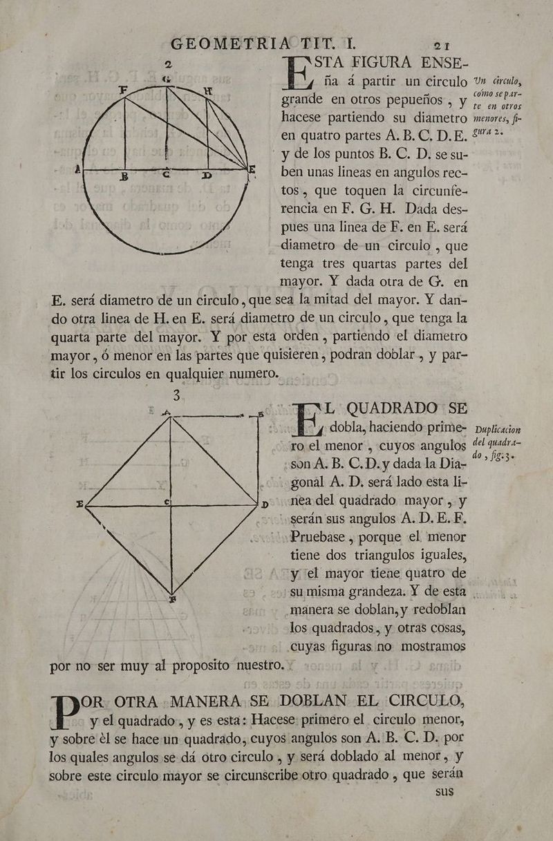 grande en otros pepueños , y de los puntos B. C. D. se su- ben unas lineas en angulos rec- tos. que toquen la circunfe- rencia en F. G. H. Dada des- pues una linea de FE. en El será diametro de un circulo , que tenga tres quartas partes del mayor. Y dada otra de G. en E. será diametro de un Aut , que sea la mitad del mayor. Y dan- do otra linea de H. en E. será diametro de un circulo , que tenga la quarta parte del mayor. Y por esta orden , partiendo el Miro mayor , ó menor en las partes que quisieren , podran doblar, y par- tir los circulos en qualquier numero. A E QUADRADO SE dobla, haciendo prime- ro el menor , cuyos angulos sonA. B. C.D. y dada la Dia- .«gonal A. D. será lado esta li- p» nea del quadrado mayor, y ¿serán sus angulos A. D. E.E, ¿Pruebase , porque el menor tiene dos triangulos iguales, y el mayor tiene quatro de manera se doblan, y redoblan los quadrados., y Otras Cosas, cuyas Aguesl no mostramos por no ser muy al proposito nuestro. OR. OTRA -MANERA. SE DOBLAN EL CIRCULO, y el quadrado., y es esta: Hacese: primero el. circulo menor, y A el se hace un quadrado, cuyos angulos son A.'B. C. D. por los quales angulos se dá otro circulo , y será doblado al menor, y sobre este circulo mayor se cicuniaad otro quadrado , que serán sus Duplicacion del quadra-