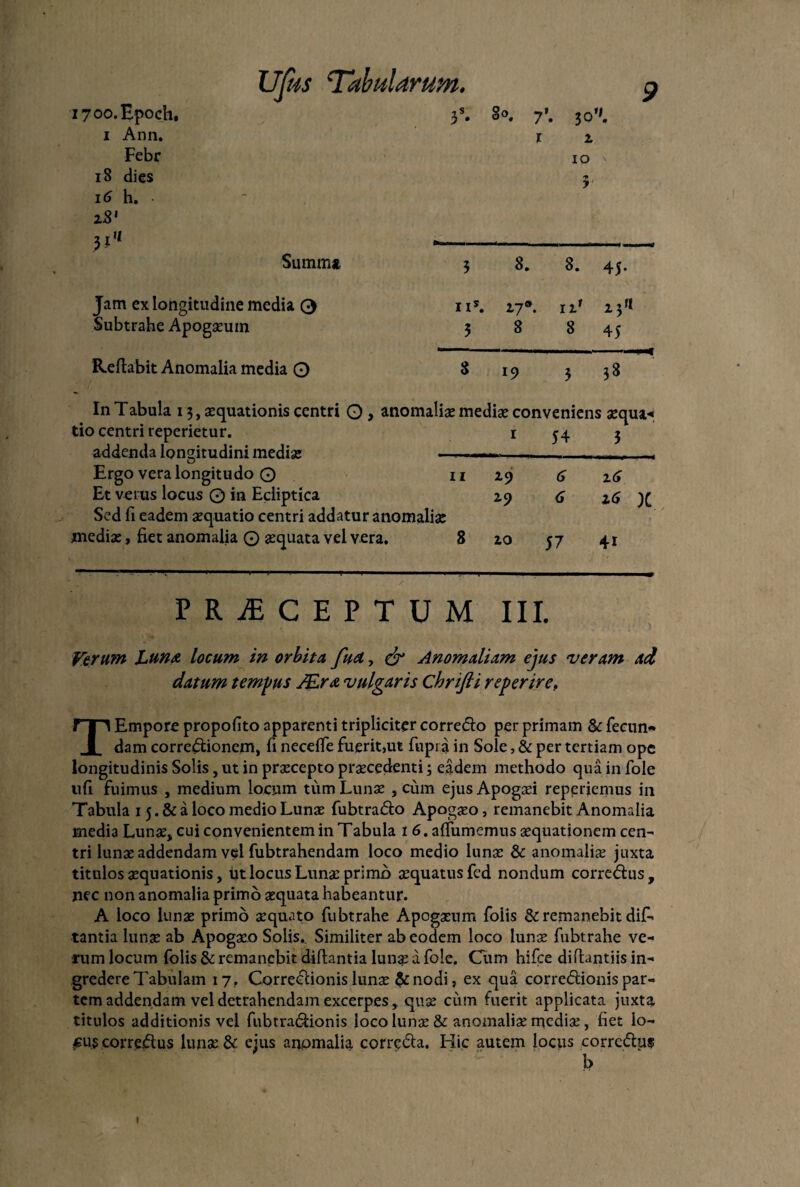 i70o.Epoch, i Ann. Febr 18 dies 16 h. 28’ n Ufus Tabularum. 3S- 8«. 7’. $0. 1 2 10 3 1 * Summ* 3 8. 8. 45. Jam ex longitudine media 0 ii*. 17®. n' I3fl Subtrahe Apogaeum 3 8 8 45 Reflabit Anomalia media 0 8 19 3 - '■■■« 38 In Tabula 15, aequationis centri O , anomaliae media; conveniens aequa-» tio centri repenetur. addenda longitudini mediae - 1 54 3 Ergo vera longitudo Q 11 29 6 26 Et vetus locus O in Ecliptica Sed fi eadem aquatio centri addatur anomaliae 29 6 Id X mediae, fiet anomalia O aequata vel vera. 8 20 57 41 PRAECEPTUM III. Verum Luna locum in orbita fua, & Anomaliam ejus veram ad datum tempus JEra vulgaris Chrifti reperire, T Empore propofito apparenti tripliciter correCto per primam & fecun« dam corregionem, fi neceffe fuerit,ut fupia in Sole, & per tertiam ope longitudinis Solis, ut in praecepto praecedenti; eadem methodo qua in fole ufi fuimus , medium locum tum Lunae , cum ejus Apogaei repedemus in Tabula 15. & a loco medio Lunae fubtrafto Apogaeo, remanebit Anomalia media Lunae, cui convenientem in Tabula 16. affirmemus aequationem cen¬ tri lunae addendam vel fubtrahendam loco medio lunae & anomaliae juxta titulos aquationis, ht locus Lunae primo aequatus fed nondum correCtus, nec non anomalia primo aequata habeantur. A loco lunae primo aequato fubtrahe Apogaenm folis & remanebit dif- tantia lunae ab Apogaeo Solis,. Similiter ab eodem loco lunae fubtrahe ve¬ rum locum folis & remanebit diflantia Iunge a fole. Cum hifce diflantiis in¬ gredere Tabulam 17 .. Correctionis Iunx & nodi, ex qua correctionis par¬ tem addendam vel detrahendam excerpes, quae cum fuerit applicata juxta titulos additionis vel fubtra&ionis loco lunae & anomaliae mediae, fiet io- £u.$ correCtus lunae & ejus anomalia correCta. Hic autem locus corre&us t