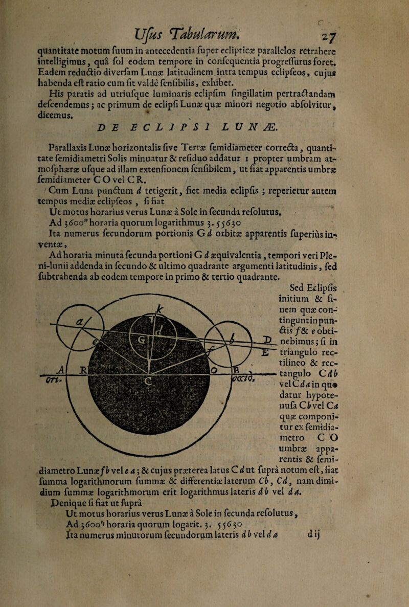 quantitate motum fuum in antecedentia fuper eclipticae parallelos retrahere intelligimus, qua fol eodem tempore in confequentia progrefturus foret. Eadem redudio diverfam Lunae latitudinem intra tempus eclipfeos, cuju* habenda eft ratio cum fit valde fenfibilis, exhibet. His paratis ad utriufque luminaris eclipfim fingillatim pertradandam defcendemus; ac primum de eclipfi Lunas quae minori negotio abfolvitur, dicemus. * DE ECLIPSI L V N M. Parallaxis Lunae horizontalis five Terrae femidiameter correda, quanti¬ tate femidiametriSolis minuatur &refiduo addatur i propter umbram at- mofphserae ufque ad illam extenfionem fenfibilem, ut fiat apparentis umbrae femidiameter C O vel C R. Cum Luna pundum d tetigerit, fiet media eclipfis ; reperietur autem tempus mediae eclipfeos , fi fiat Ut motus horarius verus Lunae a Sole in fecunda refolutus. Ad 3600” horaria quorum logarithmus 3.55(530 Ita numerus fecundorum portionis G d orbitae apparentis fuperiusin*? ventae. Ad horaria minuta fecunda portioni G d aequivalentia, tempori veri Ple- ni-lunii addenda in fecundo & ultimo quadrante argumenti latitudinis, fed fubtrahenda ab eodem tempore in primo & tertio quadrante. Sed Eclipfis initium & fi¬ nem quaecon- tinguntinpun- dis /& e obti¬ nebimus ; fi in triangulo rec- tilineo & rec- tangulo Cdb velCd^in qu® datur hypote- nufa Cbvd Ca quae componi¬ tur ex femidia- metro C O umbrae appa¬ rentis & femi- diametro Lunae/6 vel e a ; & cujus praeterea latus C d ut fupra notum eft, fiat fumma logarithmorum fumrnae & differentiae laterum Cb, Cd3 nam dimi¬ dium fummae logarithmorum erit logarithmus lateris d b vel da. JDenique fi fiat ut fupra Ut motus horarius verus Lunae a Sole in fecunda refolutus, Ad 3<5oo’J horaria quorum logarit. 3. 55630 Jta numerus minutorum fecundorum lateris dbvelda d ij