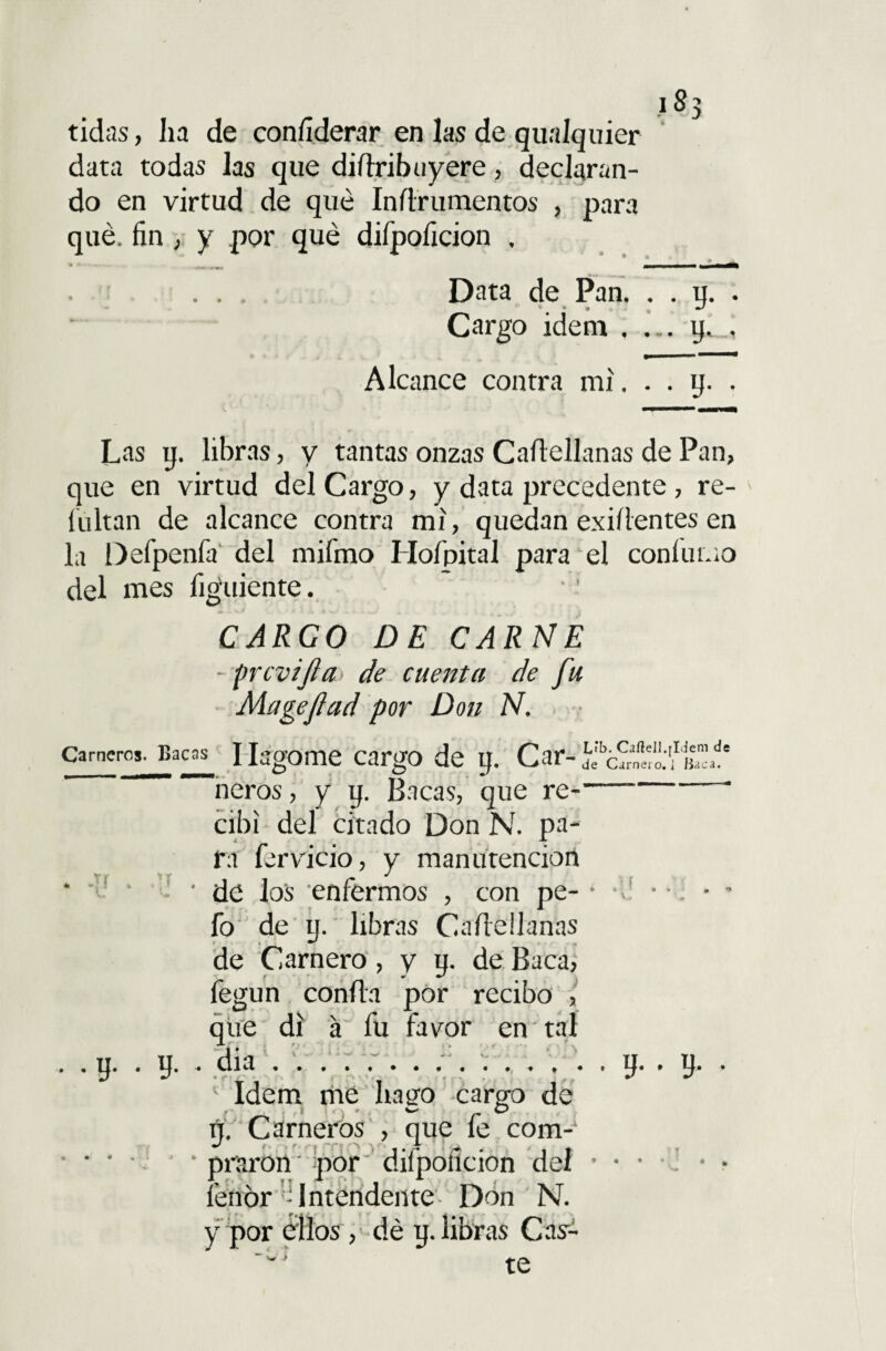 tidas, ha de coníiderar en las de qualquier data todas las que diílribuyere, declaran¬ do en virtud de qué Inílrumentos , para qué. fin , y por qué difpoficion , . . Data de Pan. . . y. . 11 • < , Cargo ideni . ... y. Alcance contra mi. . . y. . Las y. libras, y tantas onzas Caílellanas de Pan, que en virtud del Cargo, y data precedente , re- íultan de alcance contra mi, quedan exigentes en la Defpenfa del mifmo Hofpital para el coníuuo del mes figuiente. CARGO DE CARNE - prcvijla de cuenta de fu Mage fiad por Don N. -Tf . . y. . y. .!( V, Carneros. Bacas l lagóme CargO de y. Car- jjbc?1í,íi'o ñeros, y y. Bacas, que re- cibi del citado Don N. pa¬ ra fenicio, y manutención ’ de los enfermos , con pe- ■ fo de ti. libras Caílellanas r > - s de Carnero, y y. de Baca, fegun confia por recibo , que di á fu favor en tal . dia.. Idem me hago cargo de y. Carneros , que fe com- ■ praron por difpoficion del * • • fenor1 ntendente Don N. y por ellos, dé y. libras Cay- te .[Idem de ,1 Baca. • *> y- • y-