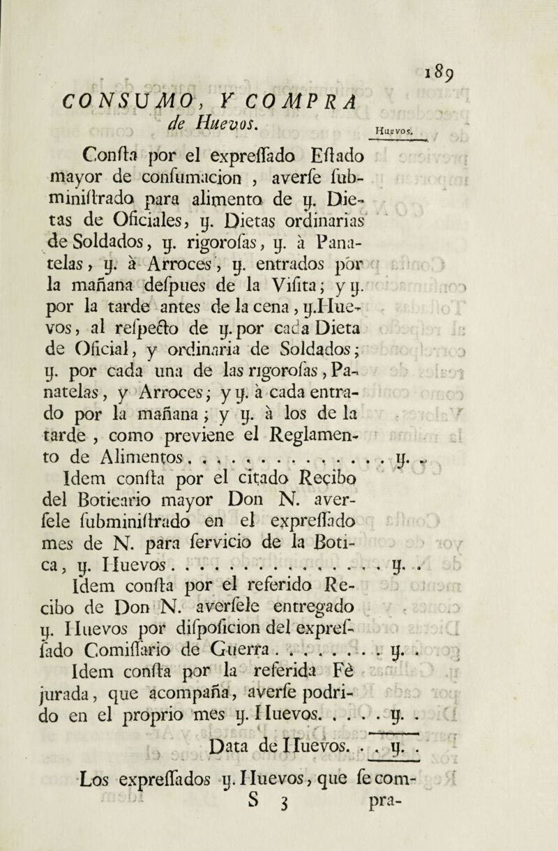 Huevos, de Huevos. Confia por el expreflado Eílado mayor de confumacion , averfe íub- miniílrado para alimento de y. Die- tas de Oficiales, y. Dietas ordinarias de Soldados, y. rigorofas, y. a Pana¬ telas , y. á Arroces, y. entrados por la mañana deípues de la Vifita; y y. por la tarde antes de la cena, y.Hue- vos, al reípeclo de y.por cada Dieta de Oficial, y ordinaria de Soldados; y. por cada una de las rigorofas, Pa- natelas, y Arroces • y y. a cada entra¬ do por la mañana; y y. a los de la tarde , como previene el Reglamen¬ to de Alimentosy. - Idem confia por el citado Recibo del Boticario mayor Don N. aver¬ íele fubminiíIrado en el expreflado mes de N. para férvido de la Boti¬ ca , y. Huevos. y. , Idem confia por el referido Re¬ cibo de Don N. averíele entregado y. II nevos por difpoficion del expref- fado Comiflario de Guerra.y. . Idem confia por la referida Fé jurada, que acompaña, averfe podri¬ do en el proprio mes y. Huevos.y. . , Data de Huevos. . . y. . Los expreflados y. Huevos, que fe com- S 3 pra-