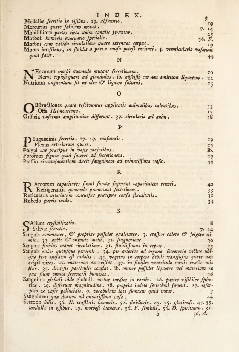 INDEX. Medulia* fecntio in ojfibus. 19. abfumtio. Mercurius quare falivam movet. Mobiliflimae partes circa axim canalis feruntur. Morbofi humoris evacuatio Jpedalis. Morbus valida circulatione quare extenuat corpus • # ^ Motus inteflinus, fluidis & parva caufa potejl excitari * vermicularis Vaforum quid facit. N Ervorum quomodo mutant fecretionem. 10 Nervi copiofiquare ad glandulas , ib. abfciffi cur non mittunt liquorem . 22 Nutritum unguentum fit ex oleo & liquore faturni* * 13 O OBftruSiones refolvuntur applicatis animalibus calentibus • 33 Offa Helmontiana. 15 Orificia vaforum amplitudine differunt. 39, circularia ad axim • 38 P ■ ... . y Pinguedinis fecntio. 17. 19« confumtio. 19 Plexus arteriarum qu^te. 23 Polypi pracipue in vafis majoribus. ib. Pororum figura quid faceret ad fecretionem • 29 Preffio circumjacentium ducit fanguinem ad minutiffima vafa. 44 R R Amorum capacitates fimul fumta fupetant capacitatem trunci« 40 Refrigerantia quomodo promovent Jecretiones • 33 Reticularis arteriarum concurfus praecipua caufa fluiditatis* 31 Rubedo partis unde * 34 S SAHum cryftaUizatio. 8 Salivae fecretio. , 7. 14 Sanguis communes, proprias poffidet qualitates • 3* ctaffiot calore & frigore ni¬ mio. 33. minuto motu. 32. fi;agnatione . 30 Sanguis fluidus manet circulatione. 31. fiuidiffimus in tepore. 33 Sanguis qudufque pervenit . 34. per arterias ad organa fecretoria vetius ubi¬ que fere ejufdem e fi indolis . 43. vegetus in corpore debili transfufus quare non erigit vires. 27. maternus an exifiat. 37. fmiftro ventriculo cordis exaile mi- flus. 35. diverfis particulis conflat. ib. poffidet liquores vel materiam ex qua fiunt omnes fecretorii humores. ■ 3 6 Sanguinis globuli vide globuli. tardior in ramis. 26. partes vifibiles fpba- ricre . 29. differunt magnitudine. 28. propria indole fecretioni favent. 2 7. re/or- e* vafis pellucidis. 9. vocabulum late fumtum quid notat. 3 Sanguinem 9«^ ducunt ad minutiffima vafa. 44 Secretio £///.?. 56. 22. crajfioris humoris. 52. fluidioris. 45. 55. glutinofi. 45. 55° medulla in ojfibus. 19. morbofi humoris. 56. F. feminis. 56. IX fpirituum. 3,1. ' b 9 19 7» 14 , 25 F. 10