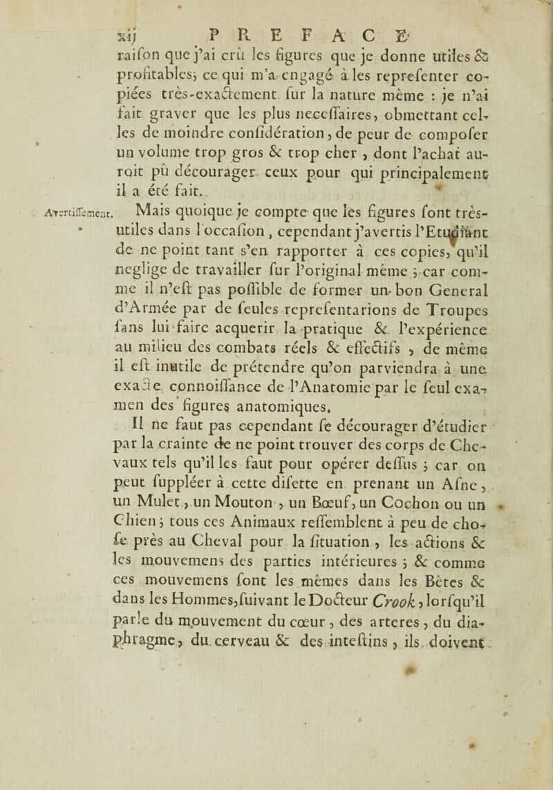 raifon que j’ai crû les figures que je donne utiles & profitables} ce qui nfa engagé a ies reprefenter co¬ piées très-exadement, fur la nature même : je n’ai fait graver que les plus n cgc flaires, obmettant cel¬ les de moindre confidération 3 de peur de compofer un volume trop gros & trop cher , dont l’achat au¬ rait pu décourager ceux pour qui principalement il a été fait.., * y. A^crtiffemcot. Mais quoique je compte que les figures font très- • utiles dans 1 occafion , cependant j’avertis l’Eti^pïânc de ne point tant s’en rapporter à ces copies,qu’il négligé de travailler fur l’original même } car com¬ me il n’eft pas pofilble de former un-bon General d’Armée par de feules reprefentarions de Troupes fans lui'faire acquérir la pratique & l’expérience au milieu des combats réels & efredifs > de même il eft inutile de prétendre qu’on parviendra à une exade. connoiffance de l’Anatomie par le feul exa-r men des figures anatomiques» Il ne faut pas cependant fe décourager d’étudier par la crainte de ne point trouver des corps de Che¬ vaux tels qu’il les faut pour opérer deffus } car on peut fuppléer à cette difette en prenant un Afne , un Muletun Mouton , un Bœuf) un Cochon ou un - Chien} tous ces Animaux reffemblent à peu de cho- fe près au Cheval pour la fituation , les avions & les mouvemens des parties intérieures } & comme ces mouvemens font les mêmes dans les Bêtes & dans les Hommes,fuivant le Do deux Crook * lorfqu’il parle du mouvement du cœur , des arteres , du dia¬ phragme* du. cerveau Sc des inteftins * ils. doivent : <*