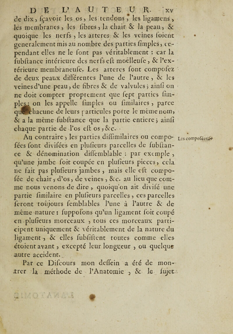 de dix, fçavoir les os , les tendons , les ligamens > les membranes , les fibres, la chair & la peau, & quoique les nerfs , les altérés & les veines foient généralement mis au nombre des parties fimples, ce¬ pendant elles ne le font pas véritablement : car la fubftance intérieure des nerfs eft moèlleufe, & l’ex¬ térieure membraneufe. Les arteres font compolez de deux peaux différentes l’une de l’autre , & les veines d’une peau, de fibres & de valvules} ainfi on ne doit compter proprement que fept parties fim- ple^ on les appelle fimples ou fimilaires , parce quPchacune de leurs particules porte le même nom, & a la même fubftance que la partie entière} ainfi chaque partie de l’os eft os , &c. • Au contraire , les parties diftimilaires ou compo- fées font divifées en plufieurs parcelles de fubftan¬ ce 8c dénomination difîcmblable : par exemple , qu’une jambe foit coupée en plufieurs pièces, cela ne fait pas plufieurs jambes , mais elle eft compo- fée de chair, d’os, de veines , &c. au lieu que com¬ me nous venons de dire , quoiqu’on ait divifé une partie fimilaire en plufieurs parcelles, ces parcelles feront toujours femblables l’une à l’autre 8c de même nature : fuppofons qu’un ligament foit coupé en plufieurs morceaux , tous ces morceaux parti¬ cipent uniquement & véritablement de la nature du ligament , & elles fubfiftent toutes comme elles étoient avant , excepté leur longueur , ou quelque autre accident.^ Par ce Difcours mon deffein a été de mon¬ trer la méthode de l’Anatomie 7 & le - fujet