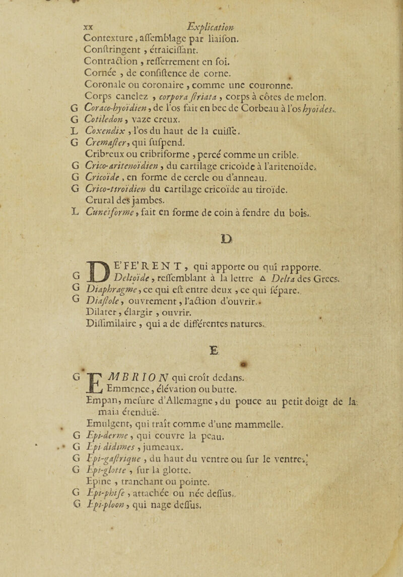 ooo Contexture, affemblage par liaifon. Conftringent , étraiciffant. Contradion , refferrement en foi. Cornée , de confidence de corne. Coronale ou coronaire , comme une couronne. Corps canelez , corpora Jlriata , corps à côtes de melon. G Cor aco-hyoïdieu , de l’os fait en bec de Corbeau à l’os hyoïdes G Cotileâon , vaze creux. L Coxendix , los du haut de la cuille. G Cremajler, qui fufpend. Cribreux ou cribriforme , percé comme un crible. G Crico-aritenoïdien , du cartilage cricoide à lantenoïde, G Cricoide , en forme de cercle ou d’anneau. G Crico-ttroïdien du cartilage cricoide au tiroïde. Crural des jambes. L Cunéiforme ? fait en forme de coin à fendre du bois, D DE’ FE* R E N T , qui apporte ou qui rapporte. Deltoïde , rcffemblant à la lettre a Delta des Grecs. Diaphragme -, ce qui eft entre deux , ce qui fépare. Diajïolc, ouvreraient, l’a&ion d’ouvrir.. Dilater, élargir , ouvrir. Dillimilaire , qui a de différentes natures.. • G M B R 10 N qui croît dedans. -HTi Emmence, élévation ou butte. Empan, mefure d’Allemagne, du pouce au petit doigt de la-, maia étendue. Emulgent, qui traît comme d’une mammelle. G Epi-derme, qui couvre la peau. G L pi di dîmes , j u mea u x. G Bpi-gafJnque , du haut du ventre ou fur le ventre;! G Epi-glotte , fur la glotte. Epmc , tranchant ou pointe. G Epi-phife > attachée ou née defïus», G Lpi-ploon, qui nage delTus.