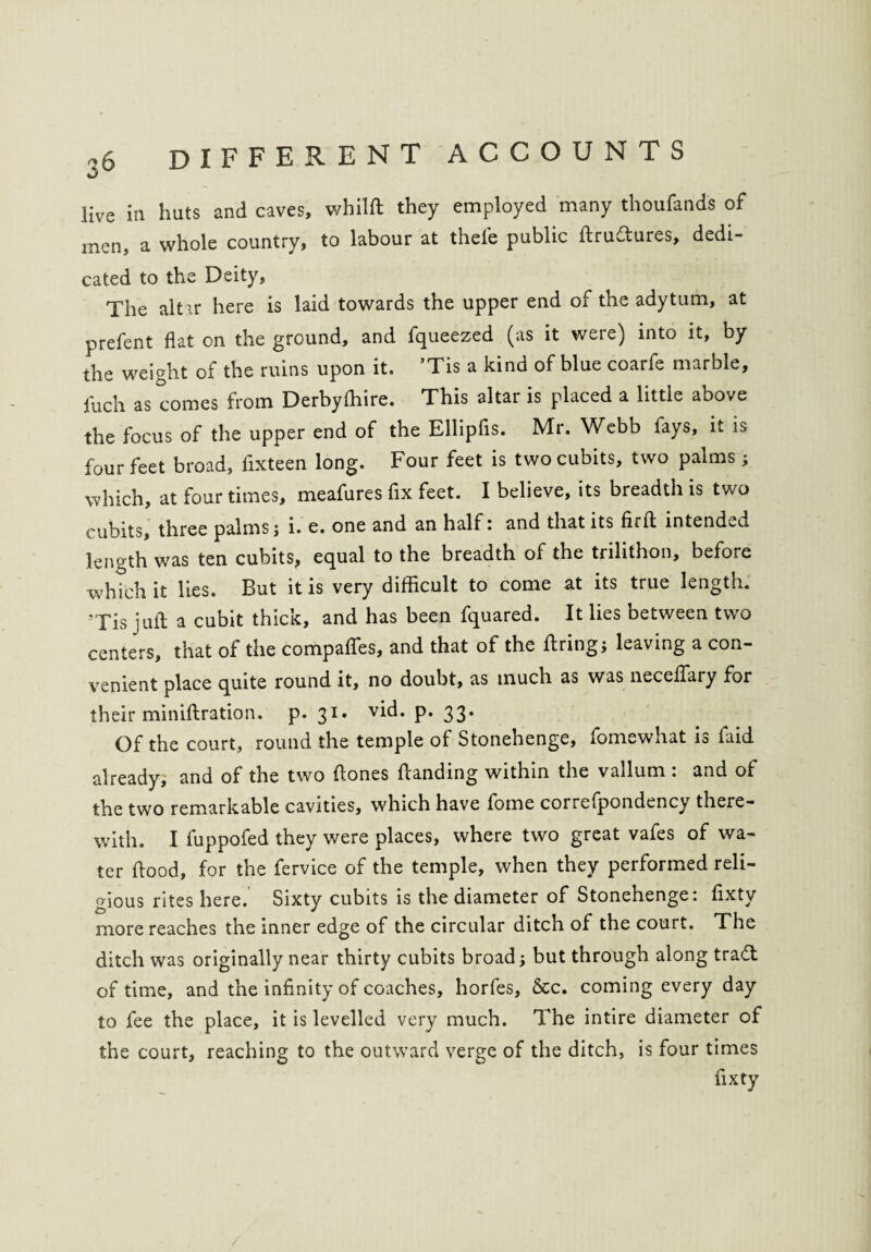 live ill huts and caves, whilft they employed many thoufands of men, a whole country, to labour at thefe public ftruftures, dedi- cated to the Deity, The altar here is laid towards the upper end of the adytum, at prefent flat on the ground, and fqueezed (as it were) into it, by the weight of the ruins upon it, ’Tis a kind of blue coarfe marble, fuch as comes from Derbyfbire. This altar is placed a little above the focus of the upper end of the Ellipfis. Mr. Webb fays, it is four feet broad, iixteen long. Four feet is two cubits, two palms; which, at four times, meafures fix feet. I believe, its breadth is two cubits, three palms j i. e. one and an half: and that its firA intended length was ten cubits, equal to the breadth of the trilithon, before which it lies. But it is very difficult to come at its true length. Tis juft a cubit thick, and has been fquared. It lies between two centers, that of the compaffes, and that of the firing; leaving a con¬ venient place quite round it, no doubt, as much as was neceflary for their miniftration. p. 31. vid. p. 33. Of the court, round the temple of Stonehenge, xomewhat is faid already, and of the two ftones {landing within the vallum : and of the two remarkable cavities, which have fome correfpondency there¬ with. I fuppofed they were places, where two great vafes of wa¬ ter flood, for the fervice of the temple, when they performed reli¬ gious rites here. Sixty cubits is the diameter of Stonehenge, ftxtv more reaches the inner edge of the circular ditch of the court. The ditch was originally near thirty cubits broad; but through along tratt of time, and the infinity of coaches, horfes, &c. coming every day to fee the place, it is levelled very much. The intire diameter of the court, reaching to the outward verge of the ditch, is four times fixty