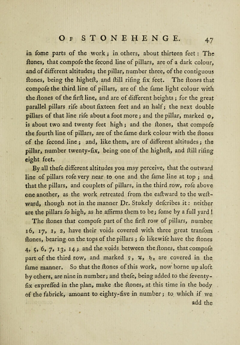 in fome parts of the work; in others, about thirteen feet: The flones, that compofethe fecond line of pillars, are of a dark colour, and of different altitudes; the pillar, number three, of the contiguous flones, being the highefl, and flill riling fix feet. The flones that compofe the third line of pillars, are of the fame light colour with the flones of the firfl line, and are of different heights; for the great parallel pillars rife about fixteen feet and an half; the next double pillars of that line rife about afoot more; and the pillar, marked o, is about two and twenty feet high; and the flones, that compofe the fourth line of pillars, are of the fame dark colour with the flones of the fecond line ; and, like them, are of different altitudes; the pillar, number twenty-fix, being one of the highefl, and flill riling eight feet. By all thefe different altitudes you may perceive, that the outward line of pillars rofe very near to one and the fame line at top ; and that the pillars, and couplets of pillars, in the third row, rofe above one another, as the work retreated from the eaflward to the well- ward, though not in the manner Dr. Stukely defcribes it: neither are the pillars fo high, as he affirms them to be; fome by a full yard ! The flones that compofe part of the firfl row of pillars, number 16, 17, 1, 2, have their voids covered with three great tranfom . flones, bearing on the tops of the pillars; fo likewife have the flones 4, 5, 6, 7, 13, 14; and the voids between the flones, that compofe part of the third row, and marked ?, U, h, are covered in the fame manner. So that the flones of this work, now borne up aloft by others, are nine in number; and thefe, being added to the feventy- fix expreffed in the plan, make the flones, at this time in the body of the fabrick, amount to eighty-five in number; to which if we add the