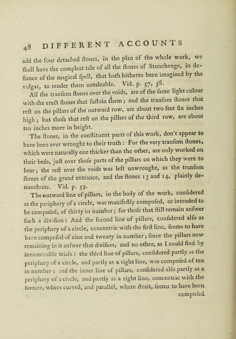 we add the four detached ftones, in the plan of the whole work, ihall have the compleat tale of all the ftones of Stonehenge, in de¬ fiance of the magical fpell, that hath hitherto been imagined by the vulgar, to render them untaleable. Vid. p. 57, 58. All the tranfom ftones over thevoids, are of the fame light colour with the eredt ftones that fuftain them; and the tranfom ftones that reft on the pillars of the outward row, are about two feet fix inches high ; but thofe that reft on the pillars of the third row, are about ten inches more in height. The ftones, in the conftituent parts of this work, don’t appear to have been ever wrought to their truth : For the very tranfom ftones, which were naturally one thicker than the other, are only worked on their beds, juft over thofe parts of the pillars on which they were to bear; the reft over the voids was left unwrought, as the tranfom ftones of the grand entrance, and the ftones 13 and 14, plainly de- monftrate. Vid. p. 59. The outward line of pillars, in the body of the work, confidered as the periphery of a circle, was manifeftly compofed, or in tended to be compofed, of thirty in number; for thofe that ftill remain anfwer fuch a divifion : And the fecond line of pillars, confidered alfo as the periphery of a circle, concentric with the firft line, feems to have been compofed of nine and twenty in number ; fince the pillars now remaining in it anfwer that divifton, and no other, as I could find by innumerable trials : the third line of pillars, confidered partly as the periphery of a circle, and partly as a right line, was compoled of ten in number ; and the inner line of pillars, confidered alfo partly as a periphery of a circle, and partly as a right line, concentric with the former, where curved, and parallel, where ftrait, feems to have been compofed