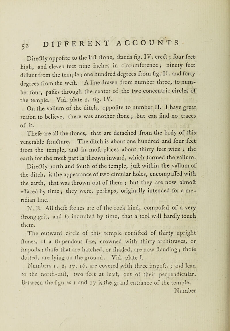 52 Diredly oppofite to the laft ftone, ftands fig. IV. ereft j four feet high, and eleven feet nine inches in circumference ; ninety feet diftant from the temple; one hundred degrees from fig. II. and forty degrees from the weft. A line drawn from number three, to num¬ ber four, pafifes through the center of the two concentric circles of the temple. Vid. plate 2, fig. IV. On the vallum of the ditch, oppofite to number II. I have great reafon to believe, there was another ftone; but can find no traces of it. Thefe are all the ftones, that are detached from the body of this venerable ftrudture., The ditch is about one hundred and four feet from the temple, and in mo ft places about thirty feet wide ; the earth for the moft part is thrown inward, which formed the vallum. Dire&ly north and fouth of the temple, juft within the vallum of the ditch, is the appearance of two circular holes, encompafled with the earth, that was thrown out of them ; but they are now almoft effaced by time; they were, perhaps, originally intended for a me¬ ridian line. N. B. All thefe ftones are of the rock kind, compoftd of a very ftrong grit, and fo incrufted by time, that a tool will hardly touch them. The outward circle of this temple conlifted of thirty upright ftones, of a ftupendous fize, crowned with thirty architraves, or impclls ; thofe that are hatched, or fhaded, are now ftanding; thofe dotted, are lying on the ground. Vid. plate I. Numbers 1, 2, 17, 16, are covered with three impofts; and lean to the north-eaft, two feet at lead, out of their perpendicular. Between the figures 1 and 17 is the grand entrance of the temple. Number