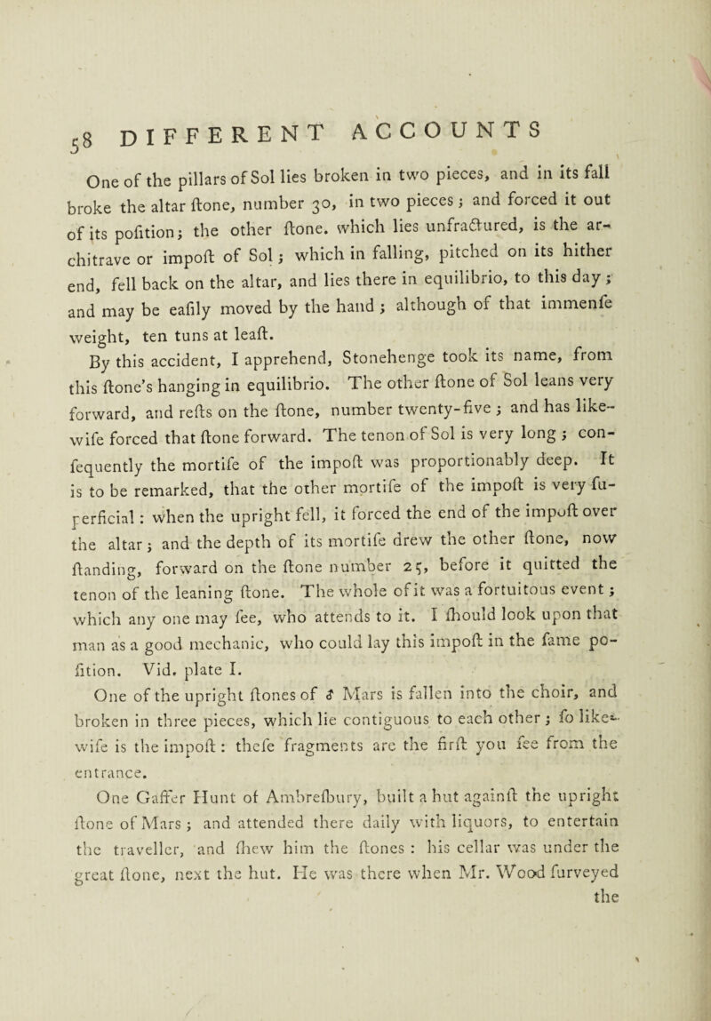 One of the pillars of Sol lies broken in two pieces, and in its fali broke the altar (lone, number 30, in two pieces; and foiced it out of its pofition; the other (lone. which lies unfraftured, is the ar¬ chitrave or impoft of Sol; which in falling, pitched on its hither end, fell back on the altar, and lies there in equilibrio, to this day ; and may be eafily moved by the hand ; althougn of that immenfe weight, ten tuns at lead. By this accident, I apprehend, Stonehenge took its name, from, this (lone’s hanging in equilibrio. The other (lone or Sol leans very forward, and reds on the (lone, number twenty-five ; and has like- wife forced that (lone forward. The tenon of Sol is very long ; con- fequently the mortife of the impoft was proportionally deep. It is to be remarked, that the other mortife of the impoft is veiy fu- perficial: when the upright fell, it forced the end of the impoft over the altar ; and the depth of its mortife crew tne other (lone, now (landing, forward on the (lone number 25, before it quitted the tenon of the leaning (lone. The whole of it was a fortuitous event; which any one may (ee, who attends to it. I (houid look upon that man as a good mechanic, who could lay this impoft in the fame pc- (ition. Vid. plate I. One of the upright ftones of <? Mars is fallen into the choir, and broken in three pieces, which lie contiguous to each other; fo like**- wife is the impoft : thefe fragments are the firfl you fee from the entrance. One Gaffer Hunt of Ambrefbury, built a hut againll the upright (lone of Mars ; and attended there daily with liquors, to entertain the traveller, and (hew him the ftones : his cellar was under the great (lone, next the hut. He was there when Mr. Woo-d furveyed the