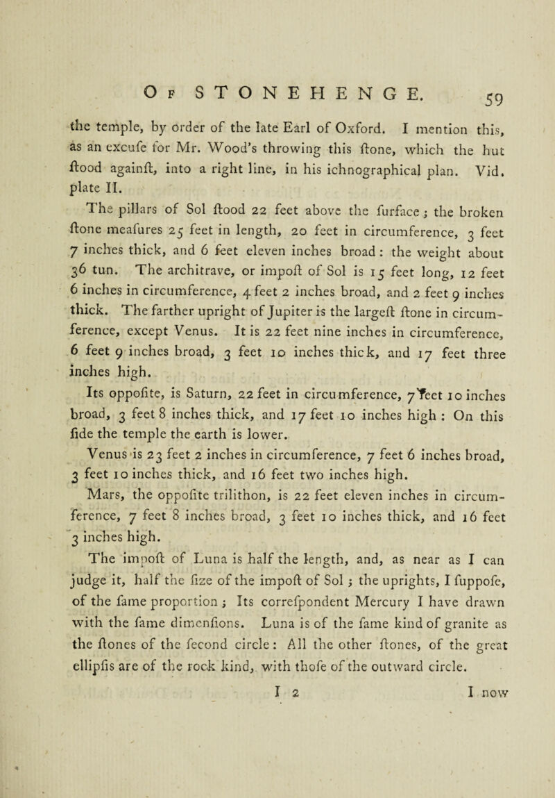 the temple, by order of the late Earl of Oxford. I mention this, as an excufe lor Mr. Wood’s throwing this rtone, which the hut flood againrt, into a right line, in his ichnographical plan. Vid, plate II. The pillars of Sol flood 22 feet above the furface ; the broken flone meafures 25 feet in length, 20 feet in circumference, 3 feet 7 inches thick, and 6 feet eleven inches broad : the weight about 36 tun. The architrave, or import of Sol is 15 feet long, 12 feet 6 inches in circumference, 4 feet 2 inches broad, and 2 feet 9 inches thick. The farther upright of Jupiter is the largeft rtone in circum¬ ference, except Venus. It is 22 feet nine inches in circumference, 6 feet 9 inches broad, 3 feet 10 inches thick, and 17 feet three inches high. Its opportte, is Saturn, 22 feet in circumference, 7?eet 10 inches broad, 3 feet 8 inches thick, and 17 feet 10 inches high : On this fide the temple the earth is lower. Venus is 23 feet 2 inches in circumference, 7 feet 6 inches broad, 3 feet 10 inches thick, and 16 feet two inches high. Mars, the opportte trilithon, is 22 feet eleven inches in circum¬ ference, 7 feet 8 inches broad, 3 feet 10 inches thick, and 16 feet 3 inches high. The import of Luna is half the length, and, as near as I can 1 judge it, half the rtze of the import of Sol ; the uprights, I fuppofe, of the fame proportion ; Its correfpondent Mercury I have drawn with the fame dimenrtons. Luna is of the fame kind of granite as the rtones of the fecond circle: All the other rtones, of the great elliprts are of the rock kind, with thofe of the outward circle. I 2 I now