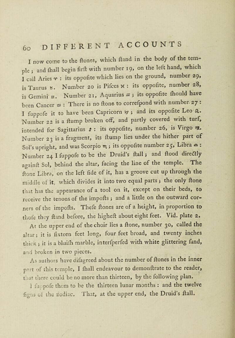 different a c c o u n ts I now come to the dones, which dand in the body of the tem¬ ple . and (hall begin fil'd with number 19, on the left hand, which 1 call Aries v : its oppofite which lies on the ground, number 29, is Taurus «. Number 20 is Pifces x : its oppofite, number 28, is Gemini n. Number 21, Aquarius ss ; its oppofite fhould have been Cancer ss : There is no done to correfpond with number. 27 : I fuppofe it to have been Capricorn kf ; and its oppofite Leo ft. Number 22 is a dump broken off, and partly covered with turf, intended for Sagittarius t : its oppofite, number 26, is Virgo w. Number 23 is a fragment, its dump lies under the hither part of Sol’s upright, and was Scorpio v\; its oppofite number 25, Libra : Number 24 I fuppofe to be the Druid’s dall ; and dood diredtly againd Sol, behind the altar, facing the line of the temple. The done Libra, on the left fide of it, has a groove cut up through the middle of it, which divides it into two equal parts; the only done that has the appearance of a tool on it, except on their beds, to receive the tenons of the impods ; and a little on the outward cor¬ ners of the impods. Thefe dones are of a height, in proportion to thole they dand before, the highed about eight feet. Vid. plate 2. At the upper end of the choir lies a done, number 30, called the altar; it is fixteen feet long, four feet broad, and twenty inches thick ; it is a bluilh marble, interfperfed with white glittering fand, and broken in two pieces. As authors have difagreed about the number of dones in the inner part of this temple, I (hall endeavour to demondrate to the reader, that there could be no more than thirteen, by the following plan. 1 fu pofe them to be the thirteen lunar months : and the twelve figns of the zodiac. That, at the upper end, the Druid’s dall.