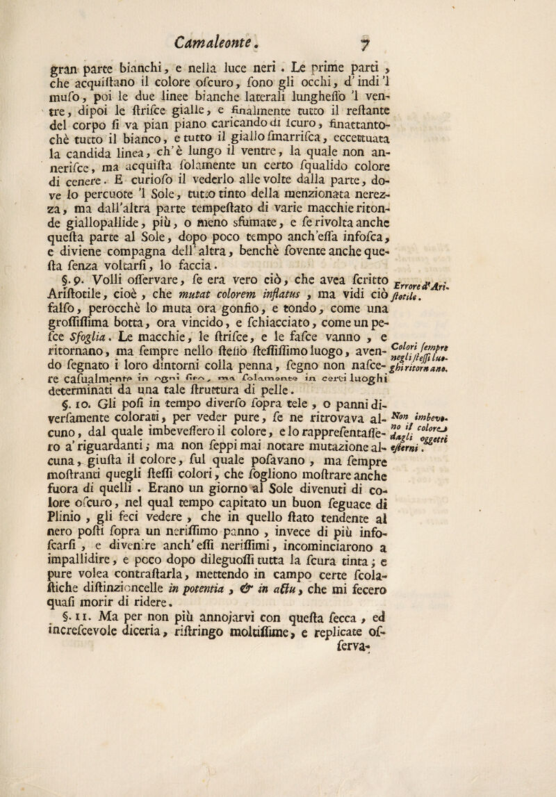 gran parte bianchì, e nella luce neri . Le prime partì , che acquetano il colore olcuro, fono gli occhi , cT indi'! mufo, poi le due linee bianche laterali lunghefib 1 ven¬ tre , dipoi le llrilce gialle, e finalmente tutto il reflante del corpo lì va pian piano caricando di lcuro, finactanto- chè tutto il bianco 5 e tutto il giallo ffnarrifca, eccettuata la candida linea, eh’è lungo il ventre, la quale non an¬ nerile, ma acquilta (blamente un certo fqualido colore di cenere. E curiofo il vederlo alle volte dalla parte, do¬ ve lo percuote 1 Sole, tutto tinto della menzionata nerez¬ za , ma dall'altra parte temperato di varie macchie riton¬ de giallopallide, più, o meno sfumate, e ferivolta anche quella parte al Sole, dopo poco tempo ancheffa infofea, e diviene compagna dell’altra, benché fovente anche que¬ lla fenza voltarli, lo faccia. §. p. Volli ofTervare, fe era vero ciò, che avea fcritto Errore#Ar; Ariftotile, cioè , che mutai color em inflatus , ma vidi ci optile. falfo, perocché lo muta ora gonfio, e tondo, come una groffiflima botta, ora vincido, e fchiacciato, come un pe- Ice Sfoglia. Le macchie, le llrifce, e le fafee vanno , e ritornano, ma Tempre nello lidio fieffilFimoluogo, aven- do fegnato i loro dintorni colia penna, fegno non nafee- ghiritornai re cafualment^ in f'Qnì folamentà in Cèrei luoghi determinati da una tale llruttura di pelle. §. io. Gli poli in tempo diverto fopra tele , o panni di- verfamente colorati, per veder pure, fe ne ritrovava al- Non. cuno, dal quale imbeveflèroil colore, elorapprefentafiè- 7Ju ro a' riguardanti ,* ma non feppi mai notare mutazione al- *jèrni. n cuna giulta il colore, fui quale pofavano , ma fempre inoltranti quegli Iteflì colori, che togliono inoltrare anche fuora di quelli . Erano un giorno al Sole divenuti di co¬ lore efeuro, nel qual tempo capitato un buon feguace di Plinio , gli feci vedere , che in quello fiato tendente ai nero polli fopra un neriflìmo panno , invece di più info¬ rcarli , e divenire aneli' eflì neriflimi, incominciarono a impallidire, e poco dopo dileguoflì tutta la feura tinta ; e pure volea contrattarla, mettendo in campo certe feda- ftiche diftinzioncelle in potentia , & in a(lu, che mi fecero quali morir di ridere. §*n* Ma per non piu annoiarvi con quella fecca , ed increfcevole diceria, riftringo moldflìme> e replicate of- ferva-