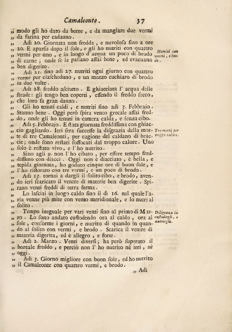 modo gli ho dato da berre , e da mangiare due vermi ,, da farina per cadauno. „ Adi zo. Giornata non fredda , e nuvolofà fino a ore „ zo. E aparfo dopo il fole, e gli ho nutriti con quattro yy vermi per uno , e in luogo d acqua un poco di brodo wmi > e&w- „ di carne ; onde fe la paffano afidi bene , ed evacuano </<? Y yy ben digerito. . . . „ Adì ìi. fino adì zy. nutriti ogni giorno con quattro ,, vermi per ciafcheduno , e un mezzo cuchiaro di brodo „ in due volte. yy Adi z8. freddo afeiutto . E ghiacciata 1* acqua delle yy firade : gli tengo ben coperti y eflendo il freddo fecco , yy che loro fa gran danno. yy Gli ho tenuti caldi , e nutriti fino adì q. Febbraio . yy Stanno bene . Oggi però fpira vento grecale affai fred- „ do, onde gli ho tenuti in camera calda, e lenza cibo. yy Adi 5. Febbraio. E fiata giornata freddifiìma con ghiac- yy ciò gagliardo. Ieri fera fuccelfe la difgrazia della mor- Tremarti per yy te di tre Camaleonti, per cagione del caldano di brac- yy eie ; onde fono reftati foffocati dal troppo calore. Uno „ folo è reftato vivo, e l’ho nutrito. „ Sino agli 9. non V ho cibato , per e fiere tempo fred- yy difiìmo con diacci . Oggi non è diacciato , è bella, e yy tepida giornata, ho goduto cinque ore di buon fole, e ,, F ho ri fiorato con tre vermi, e un poco di brodo. „ Adì ij. tornai a dargli il folitocibo, e brodo, aven- yy do ieri fcaricato il ventre di materie ben digerite . Spi- „ rano venti freddi di terra ferma. „ Lo lafciai in luogo caldo fino il dì 16. nel quale Fa» „ ria venne piu mite con vento meridionale, e lohutrjal „ folito. „ Tempo ineguale per vari venti fino al primo di Mar- Diligenza in yy zo . Lo fono andato cuftodendo ora al caldo , ora al enfiodwgii, e yy fole , conforme i giorni, e nutrito di quando in quan- nHtrirz*' yy do al folito con vermi , e brodo . Scarica il ventre di „ materia digerita, ed è allegro , e forte. „ Adì z. Marzo . Venti diverfi ; ha però fuperato il „ boreale freddo , e perciò non Y ho nutrito nè ieri, nè ” °ggi‘v „ Adì 3. Giorno migliore con buon fole, ed ho nutrito ,, il Camaleonte con quattro vermi, e brodo. , yy Adi