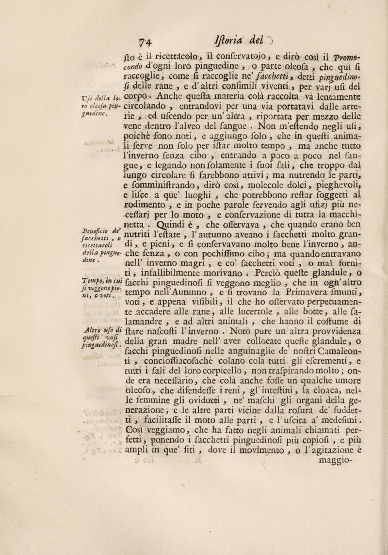 IJìorici del Ufo della lo¬ ro oleoja p‘W° guuiinc. Beneficio de3 jcicchetti , o ricettacoli della pingue¬ dine . Tempo, in cui fi veggono pie¬ ni, o voti. Altro ufo di quefii 'vaji pinguedinofi. p0 è il ricettàcolo, il confervatojo, e dirò così il Tdrorm- tondo d’ogni loro pinguedine , o parte oleofa , che qui fi raccoglie > come fi raccoglie ne* fiocchetti, detti pinguedino¬ fi delle rane , e d* altri confimili viventi, per varj ufi del corpo. Anche quella materia colà raccolta và lentamente circolando , entrandovi per una via portatavi dalle arte¬ rie , ed ufcendo per un altra , riportata per mezzo delle vene dentro l’alveo del fangue . Non mettendo negli ufi, poiché fono noti, e aggiungo folo, che in quelli anima¬ li ferve non folo per illar molto tempo , ma anche tutto fin verno fenza cibo , entrando a poco a poco nel fan- gue, e legando non fidamente Ì fuoi fiali > che troppo dal lungo circolare fi farebbono attivi ; ma nutrendo le parti, e fomminillrando, dirò così, molecole dolci, pieghevoli, e lifce a que’ luoghi , che potrebbono reftar foggetti al rodimento , e in poche parole fervendo agli ufizj più ne- celi'arj per lo moto , e confervazione di tutta la macchi¬ netta * Quindi è , che offervava , che quando erano ben nutriti Iellate , Y autunno aveano i facchetti molto gran¬ di , e pieni, e fi confervavano molto bene rinverno , an¬ che fenza, o con pochiflìmo cibo ; ma quando entravano nell* inverno magri , c co* facchetti voci y o mal forni¬ ti , infallibilmente morivano » Perciò quelle glandule, o facchi pinguedinofi fi veggono meglio , che in ogn* altro tempo nell’Autunno , e fi trovano la Primavera fmunti, voti, e appena vifibili, il che ho olièrvato perpetuamen¬ te accadere alle rane, alle lucertole , alle botte, alle fa- lamandre , e ad altri animali , che hanno il collume di ilare nafcolli 1* inverno . Noto pure un altra provvidenza della gran madre nell* aver collocate quelle glandule, o facchi pinguedinofi nelle anguinaglie de’ noilri Camaleon¬ ti , conciottìacofachè colano colà tutti gli efcrementi, e tutti i fali del loro corpicello, non trafpirando molto ; on- de era necellàrio, che colà anche foffe un qualche umore òlcofo , che difendette i reni, gl’ incelimi, la cloaca, nel¬ le femmine gli ovidutti , ne’ mafchi gli organi della ge¬ nerazione, e le altre partì vicine dalla rofura de’ fuddet- ti , facilitatte il moto alle parti , e l’ufcita a* medefimi. Così veggiamo, che ha fatto negli animali chiamati per¬ fetti > ponendo i facchetti pinguedinofi piu copiofi , e piu ampli in que* fici , dove il movimento , o 1* agitazione è a ' j / maggio-