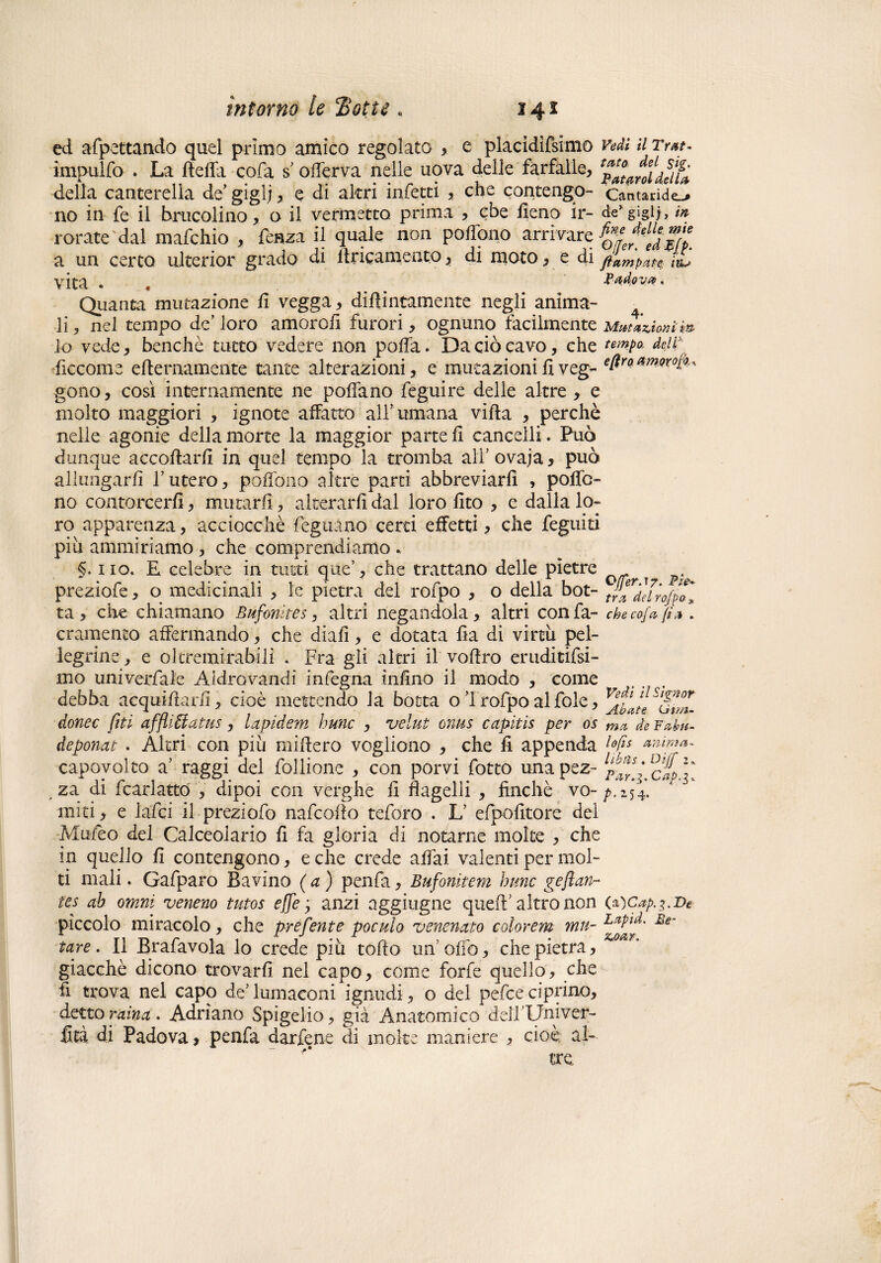 inforno le Sofie ed appettando quel primo amico regolato , e placidifsimo vedi il Tmt. impulfo . La della cofa s’ offerva nelle uova delle farfalle, della canterella de’ giglj, e di altri infetti , che contengo- cantaride-# no in fe il brucolino, o il vermetto prima , cbe fieno ir- de*giglj, m rotate dal mafchio , Ponza il quale non polìono arrivare Z1! a un certo ulterior grado di lineamento, di moto, e di pompate. ]£, vita • « vadoi/a. Quanta mutazione fi vegga, didimamente negli anima- ■ li, nel tempo de loro amorofi furori, ognuno facilmente Mutazioni lo vede, benché tutto vedere non polla. Da ciò cavo, che t&mP° deli* ficcome edernamente tante alterazioni, e mutazioni fi veg- e^rQ gono, così internamente ne poflano feguire delle altre , e molto maggiori , ignote affatto all’ umana vida , perchè nelle agonie della morte la maggior parte fi cancelli. Può dunque accodarli in quel tempo la tromba all’ ovaja, può allungarli F utero, padano altre parti abbreviard , poffc~ no contorcerli, mutarli, alterarli dal loro fito , e dalla lo¬ ro apparenza, acciocché degnano certi effetti, che feguiti piu ammiriamo , che comprendiamo .. §. no. E celebre in tutti que’, che trattano delle pietre f preziose, o medicinali , le pietra del rofpo , o della bot- J^dlLo/po] ta , che chiamano Bufonites, altri negandola, altri con fa- che coja fi a . cramento affermando, che diali, e dotata da di virtù pel¬ legrine, e oltremirabili * Fra gli altri il vedrò eruditifsi- mo univerfale Aidrovandì infegna ìndno il modo , come debba acquidard, cioè mettendo la botta o ’i rofpo al fole, donec fui affli ffiatus, lapidem hunc , velut onus ccipitis per os m/l de Faku- deponat . Altri con più midero vogliono , che d appenda l&fp anima. capovolto a’ raggi del follione , con porvi fotto unapez- za di f cari atto , dipoi con verghe d flagelli , Anchè vo-^.254. miti, e Iafci il preziofo nafcoflo teforo . L’ efpodtore del Mufeo del Calceolario d fa gloria di notarne moke , che in quello d contengono, e che crede affai, valenti per mol¬ ti mali. Gafparo Bavino (a) penfa, Bufonìtem hunc geftan- tes ah omnì veneno tutos effe j anzi aggiugne queiT altro non ^Cap.^.Be piccolo miracolo, che prefentepoculo venenato colorem mu~ LaP^' £e' tare. Il Brafavola lo crede più todo un odo, che pietra, ***** giacché dicono trovard nel capo, come forfè quello, che fi trova nel capo de’ lumaconi ignudi, o del pefee ciprino, detto raina. Adriano Spigelio, già Anatomico delFUniver- fità di Padova, penfa darfene di moke maniere , cioè; al-