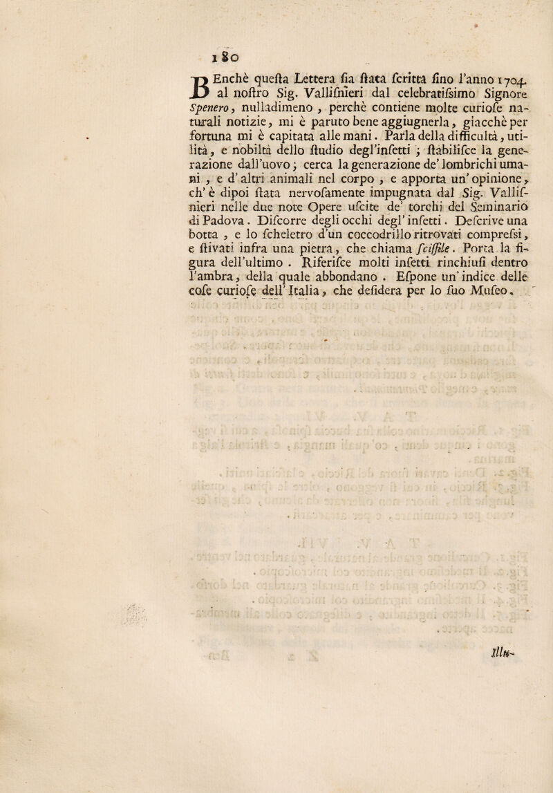 BEnchè quella Lettera fia fiata fcritea fino Tanno 1704. al noflro Sig. Vallifnieri dal celebratifsimo Signore Spenero, nulladimeno , perchè contiene molte curiofe na¬ turali notizie, mi è paruto bene aggiugnerla > giacché per fortuna mi è capitata alle mani. Parla della difficultà, uti¬ lità, e nobiltà dello fludio degTinfetti ; ftabiiifee la gene¬ razione dall uovo 3 cerca la generazione de’ lombrichi uma¬ ni , e d’altri animali nel corpo , e apporta un' opinione, eh'è dipoi fiata nervofamente impugnata dal Sig. Vallif- nieri nelle due note Opere ufeite de' torchi del Seminario di Padova . Difcorre degli occhi degl’ infetti. Defcrive una botta , e lo fcheletro dun coccodrillo ritrovati comprefst, e flivati infra una pietra, che chiama fciffile. Porca la fi¬ gura delTultimo . Riferifce molti infetti rinchiufi dentro Tambra, della quale abbondano . Efpone un’ indice delle cofe curiofe delT Italia, che defidera per lo fuo Mufeo *