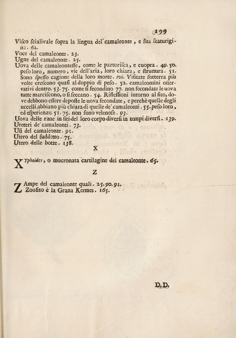 Vifco fcialivale fopra la lineila del'camaleonte , e fua fcaturigi- ne. òz. Voce del camaleonte. 23. Ugne del camaleonte. 25. Uova delle camaleonteiTe, come le partorita, e cuopra. 49. 50. pefo loro, numero, vie deHaria, loro chiara, e bruttura. 51. Sono (pedo cagione della loro morte. ivi. Vifitate fotterra piu volte crefcono quali al doppio di pefo. 52. camaleontini oder- vativi dentro. 75. come fi fecondino 77. non fecondate le uova tutte marcifcono, o fi feccano. 54. Rifleifioni intorno al fito, do¬ ve debbono eflere depofte le uova fecondate, e perehè quelle degli ucceili abbiano piu chiara di quelle de? camaleonti. 55. pefo loro , ed elperienze. 51.75. non fono velenofe .93. Uova delle rane in liti del loro corpo diverfi in tempi diverii • 1J9- Ureteri de' camaleonti. 7J« Ufi del camaleonte, pi. Utero dei (addetto .75. Utero delie botte. ij8. X r ' ■ ) v rphoides, 0 mucronata cartilagine dei camaleonte. óf. Z ZAmpe del camaleonte quali, xy.90.91. Zoofito è la Grana Kermes. 1 dy.