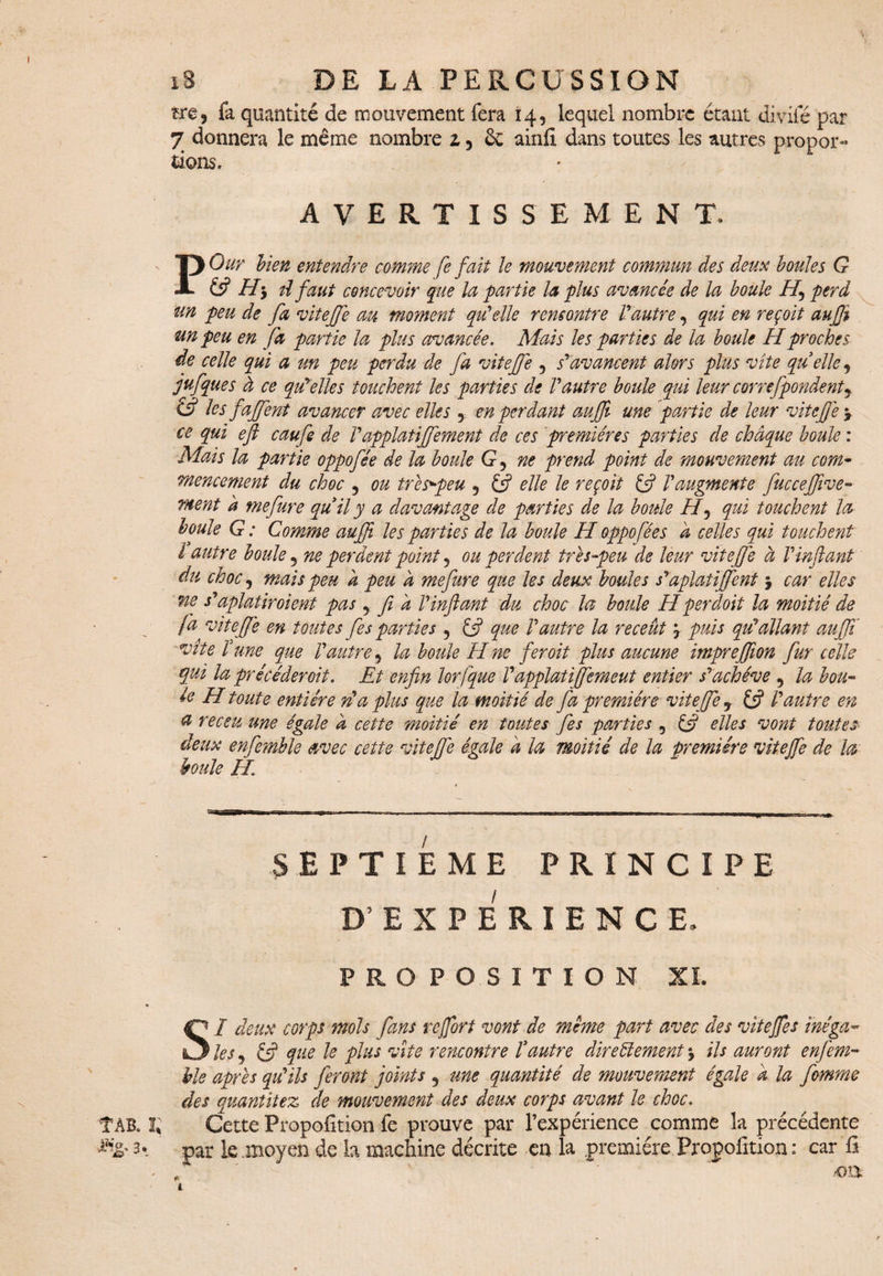 I 18 DE LA PERCUSSION îre, fa quantité de mouvement fera 14, lequel nombre étant divifé par 7 donnera le meme nombre 15 6c ainfi. dans toutes les autres propor¬ tions. AVERTISSEMENT, POur bien entendre comme fe fait le mouvement commun des deux boules G £s? H $ il faut concevoir que la partie la plus avancée de la boule If perd un peu de fa vitejfe an moment qiïelle rencontre Vautre y qui en reçoit aujji un peu en fa partie la plus avancée. Mais les parties de la boule H proches de celle qui a un peu, perdu de fa vitejfe 5 sravancent alors plus vite quelle9 jufques à ce qu'elles touchent les parties de Vautre boule qui leur correfpondentj C5? les fajfent avancer avec elles 5 en perdant aujji une partie de leur vitejfe * ce qui efi caufe de Vqpplatijfement de ces premières parties de chaque boule : Mais la partie oppofée de la boule G 5 ne prend point de mouvement au com¬ mencement du choc j ou tres'-peu , & elle le reçoit & Vaugmente fuccejfive- ment a me Jure quil y a davantage de parties de la boule H y qui touchent la boule G : Comme aujji les parties de la boule H oppofée s à celles qui touchent l autre boule 5 ne perdent point ? ou perdent très-peu de leur vitejfe à Vinfant du choc y mais peu a peu à me fur e que les deux boules sraplat ijfent y car elles ne s'aplatir oient pas y fi a V infant du choc la boule H per doit la moitié de J a vitejfe en toutes fes parties 5 £5? que Vautre la receut} puis qu'allant aujfi vite V une que Vautre, la boule H ne fer oit plus aucune imprejfion fur celle qui la pré céder oit. Et enfin lorfque V applatijfemeut entier s'achève , la bou¬ le H toute entière n'a plus que la moitié de fa première vitejfe 5 £5? Vautre en a receu une égale d cette moitié en toutes fes parties , £ÿ elles vont toutes deux enfemble avec cette vitejfe égale d la moitié de la première vitejfe de la boule IL SEPTIEME PRINCIPE D’EXPERIENCE. PROPOSITION XL *r SI deux corps mois fans rcjfort vont de même part avec des viteffes inéga¬ les y & que le plus vite rencontre Vautre dire élément j ils auront enfem¬ ble après qu'ils feront joints 5 me quantité de mouvement égale d la fomme des quantitez de mouvement des deux corps avant le choc. ¥AB. ï; Cette Propofition fe prouve par l’expérience comme la précédente 3. par le moyen de la machine décrite en la .première Propofition : car G * / ' oa i