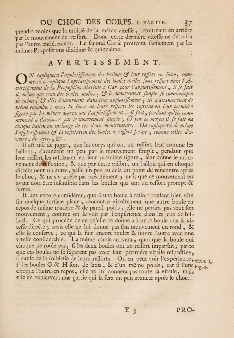 prendra moins que la moitié de la même viteflê , retournant en arriére par le mouvement de reflort. Donc cette dernière viteflê ne détruira pas l’autre entièrement. Le fécond Cas fe prouvera facilement par les mêmes Propositions dixiéme 6c quinziéme. avertissement. ON expliquera l'applatifement des ballons & leur reffort en fuite, com¬ me on a expliqué V'applatifement des boules molles fans refort dans VA- vertijfement de la Proportion dixiéme ; Car pour V applatifement, il fe fait de même que celui des boules molles , êfi le mouvement fimple fe communique, de même y éfi s'ils demeuraient dans leur applatifement , ils V avanceraient de même ensemble : mais la force de leurs refbrts les reflituè en leur première figure par les mêmes degrez que V applatifement seft fait, pendant qu'ils com¬ mencent a s'avancer par le mouvement fimple 3 (fi par ce moyen il fe fait en chaque ballon un mélange de ces deux mouvements. On expliquera de même Vapplatifement ifi la reftitution des boules à refont ferme , comme celles d'i¬ voire , de verre , (fie. Il eft aifé de juger que les corps qui ont un reflort lent comme les ballons y s’avancent un peu par le mouvement fimple , pendant que leur reflort les reftituant en leur première figure , leur donne le mou¬ vement deWflexion 3 6c que par cette raifon , un ballon qui en choque direétement un autre, paflê un peu au delà du point de rencontre après le choc, Ôt ne s’y arrête pas précifément 3 mais que ce mouvement en avant doit être infenfible dans les boules qui ont un reflort prompt êc ferme. Il faut encore confidérer, que fi une boule à reflort roulant bien vite fur quelque furface plane , rencontre direétement une autre boule en repos de même matière 6c de pareil poids, elle ne perdra pas tout fon mouvement-3 comme on le voit par l’expérience dans les jeux de bil¬ lard. Ce qui procède de ce qu’elle ne donne à l’autre boule que fa vi¬ teflê direéte > mais elle ne lui donne pas fon mouvement en rond , & elle le conferve 3 ce qui la fait encore rouler 6c fuivre l’autre avec une viteflê confié érable. La même choie arrivera , quoi que la boule qui choque ne roule pas, fi les deux boules ont. un reflort imparfait 3 parce que ces boules ne fe féparent pas avec leur première vkeffe refpeétive^ à caufe de la foiblefle de leurs refl'orts. On en peut voir l’expérience, L les boules G 6c H font de bois , ôc d’un même poids 3 car fi l’une pSg, f choque l’autre en repos, elle ne lui donnera pas toute fa viteflê, mais die en confervera une partie qui la fera un peu avancer après le choc»/ 1 PRO-