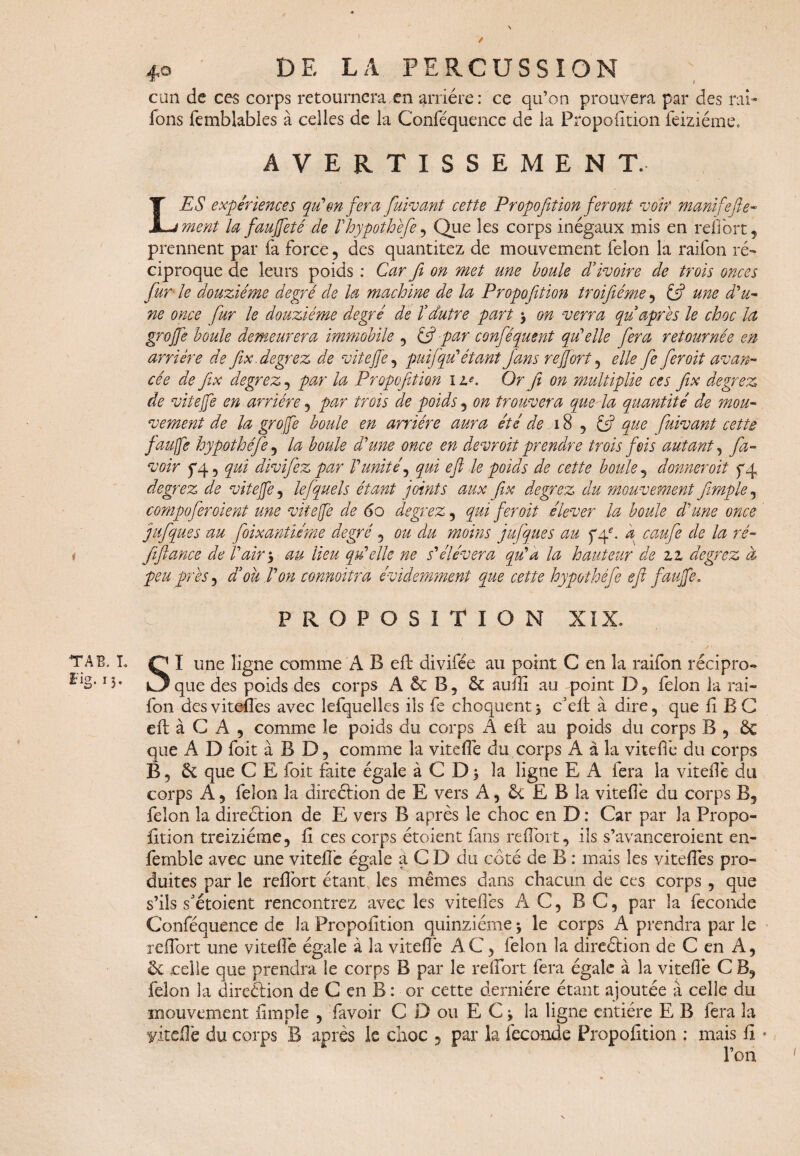 / TAB. ï fig- *$• JLQ DE LA PERCUSSION cun de ces corps retournera en arriére: ce qu’on prouvera par des rai- fons femblables à celles de la Conféquence de la Propofition feiziéme. AVERTISSEMENT. LES expériences qu'm fera fuivant cette Proportion feront voir manifefte« ment la faujfeté de V hypothéfe , Que les corps inégaux mis en reffort, prennent par fa force , des quantitez de mouvement félon la raifon ré¬ ciproque de leurs poids : Car fi on met une boule d’ivoire de trois onces fur le douzième degré de la machine de la Propofition troijiéme , £5? une d'u¬ ne once fur le douzième degré de l’dutre part j on verra qu après le choc la grojfe boule demeurera immobile , & par conféquent qu'elle fera retournée en arrière de fix. degrez de viteffe, puifqu'étant fans r effort , elle fe fer oit avan¬ cée de fix degrez , par la Propofition 1 ir Or fi on multiplie ces Jix degrez de viteffe en arriére , par trois de poids , on trouvera que la quantité de mou¬ vement de la groffe boule en arriére aura été de 18 , £5? que fuivant cette faujfe hypothéfe , la boule d'une once en devroit prendre trois fois autant, fa- voir y y , qui divifez par l'unité, qui efi le poids de cette boule , donner oit y y degrez de viteffe, lesquels étant joints omx fix degrez du mouvement fitmple, compofer oient une viteffe de 60 degrez , qui fer oit élever la boule d'une once jufques au fixant Urne degré , ou du moins jufques au y ye. a caufe de la ré- Jfiance de l'air 5 au lieu qu'elle ne s'élèvera qu'a la hauteur de zz degrez à peu près, a ou Von connoitra évidemment que cette hypothéfe efi faujfe. PROPOSITION XIX. SI une ligne comme A B eff divifée au point C en la raifon récipro¬ que des poids des corps A 6c B, 6c auili au point D , félon la rai¬ fon des vitoiles avec lefquelles ils fe choquent5 ffeft à dire, que fi B G eft à C A , comme le poids du corps A efi au poids du corps B , 6c que A D foit à B D, comme la viteffe du corps A à la viteffe du corps B 5 6c que C E foit faite égale àCDj la ligne E A fera la viteffe du corps A, félon la direction de E vers A, &l E B la viteffe du corps B, félon la direétion de E vers B après le choc en D : Car par la Propo¬ fition treiziéme, fi ces corps étoient fans reffort, ils s’avanceroient en- femble avec une viteffe égale a C D du coté de B : mais les viteffes pro¬ duites par le reffort étant les mêmes dans chacun de ces corps , que s’ils s'étoient rencontrez avec les viteffes AC, B C, par la fécondé Conféquence de la Propofition quinziéme -y le corps A prendra par le reffort une viteffe égale à la viteffe AC, félon la direétion de C en A, 6c celle que prendra le corps B par le reffort fera égale à la viteffe C B, félon la direétion de G en B : or cette dernière étant ajoutée à celle du mouvement fimnle , • (avoir CDouECj la ligne entière E B fera la yiteffe du corps B après le choc 5 par la féconde Propofition : mais fi •