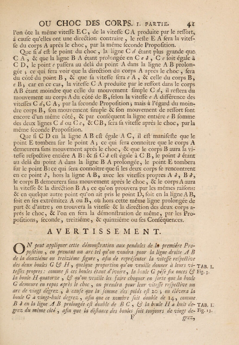 l’on ôte la même viteffe E C, de la viteffe C A produite par le reflort, à caufe qu’elles ont une direction contraire , le relie E A fera la viteE fe du corps A après le choc, par la même fécondé Propofition. Que fi d eft le point du choc , la ligne C d étant plus grande que € A , & que la ligne B A étant prolongée en C e d , Ce loit égale a C D 9 le point e paffera au delà du point A dans la ligne A B prolon¬ gée j ce qui fera voir que la direétion du corps A après le choc , fera du côté du point B , & que fa viteffe fera e A , & celle du corps B, eBî car en ce cas , la vitellè C A produite par le refiort dans le corps A B étant moindre que celle du mouvement fimple C d, il reliera du mouvement au corps A du côté de B, félon la vitellè e A différence des viteffes C A, par la fécondé Propofition 5 mais à l’égard du moin¬ dre corps B, fou mouvement fimple & fon mouvement de reffort font encore d’un même côté , ôe par conféquent la ligne entière e B fomme des deux lignes C^ouCff, &CB, fera fa vitellè après le choc, parla même fécondé Propofition. Que fi C D en la ligne A B eft égale AC, il eft manifefte que le point E tombera fur le point Aj ce qui fera connoître que le corps A demeurera fans mouvement après le choc, & que le corps B aura la vi- teffe refpeétive entière A B : <k fi C d eft égale à C B, le point d étant au delà du point A dans la ligne B A prolongée, le point E tombera fur le point B : ce qui fera connoître que fi les deux corps fe rencontrent en ce point d, hors la ligne AB, avec les viteffes propres Ad, Bd, le corps B demeurera fans mouvement après le choc, & le corps A aura la viteffe Se la direétion B Aj ce qu’on prouvera par les mêmes raifons: & en quelque autre point qu’on ait pris le point D, foit en la ligne A B, foit en fes extrémitez A ou B, ou hors cette même ligne prolongée de part & d’autre 3 on trouvera la vitellè & la direétion des deux corps a- près le choc, Sc l’on en fera la démonftration de même, par les Pro- pofitions, fécondé, treiziéme, & quinziéme ou fes Conféquences. AVERTISSEMENT. ON peut appliquer cette démonftration aux pendules de la première Pro¬ portion , en prenant un arc tel qu'on voudra pour la ligne droite A B de la douzième ou treiziéme figure , afin de repréfenter la vite fie refpeétive des deux boules G £5? H, quelque proportion qu'on veuille donner à leurs vi- TA B- L te fie s propres : comme fit ces boules étant d’ivoire, la boule G pèfte fix onces £5? Fig. 3, la boule H quatorze , £5? qu'on veuille les faire choquer en forte que la boule G demeure en repos apres le choc , on prendra pour leur viteffe refpeétive un arc de vingt degrez , à caufe que la femme des poids eft 10 3 on élèvera la boule G a vingt-huit degrez , afin que ce nombre foit double de 14, comme. B d en la ligne A B prolongée eft double de B C , & la boule H a huit de- TAB. i: grez du même coté, afin que la diftancç fies boules foit toujours de vingt de- Fig. 13-= F - grezj