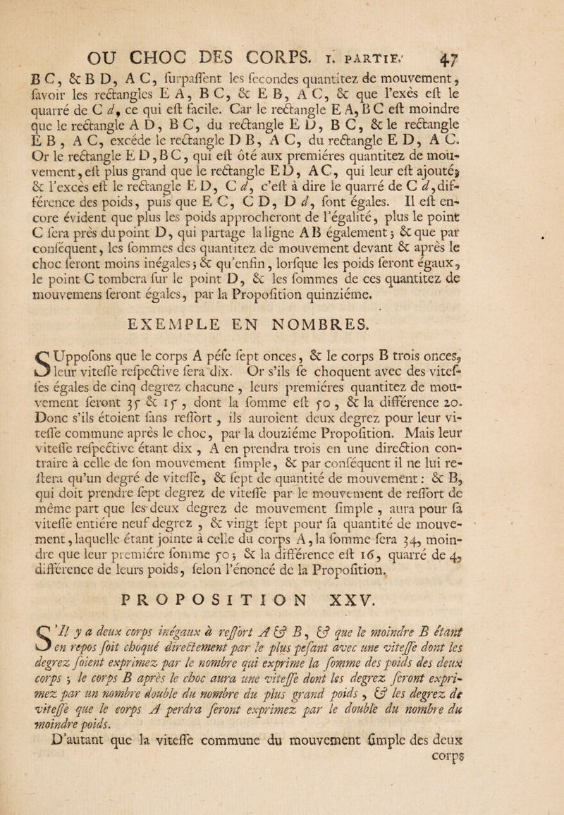 BC, & BD, AC, furpaffent les fécondés quantitez de mouvement, favoir les reétangles E A, B C, 6c E B, AC, 6c que l’exès eft le quarré de C J, ce qui efl facile. Car le rectangle E A, B C eft moindre que le rectangle AD, B C, du reétangle ED, B C, 6c le rectangle E B , AC, excède le reétangle D B, AC, du reétangle ED, AC» Or le rectangle E D,BC, qui eft ôté aux premières quantitez de mou¬ vement, eft plus grand que le reétangle ED, AC, qui leur eft ajouté^ ôc l'excès eft le reétangle ED, C J, c’eft à dire le quarré de C J, dif¬ férence des poids, puis que EC, CD, DJ, font égales. Il efl en¬ core évident que plus les poids approcheront de l’égalité, plus le point C fera près du point D, qui partage la ligne A B également 3 ôc que par conféquent, les femmes des quantitez de mouvement devant ÔC après le choc feront moins inégales3 6c qifenfin, lorfque les poids feront égaux, le point C tombera fur le point D, 6c les fouîmes de ces quantitez de mouvemens feront égales, par la Propofition quinziéme. EXEMPLE EN NOMBRES. SUppofons que le corps A péfe fept onces, 6c le corps B trois onces, leur viteffe refpeétive fera dix. Or s’ils fe choquent avec des vitef les égales de cinq degrez chacune , leurs premières quantitez de mou¬ vement feront 3f 6c ip , dont la femme eft po , 6c la différence 20. Donc s’ils étoient fans refTort, ils auraient deux degrez pour leur vi- teffe commune après le choc, par là douzième Propofition. Mais leur viteffe refpeétive étant dix , A en prendra trois en une direétion con¬ traire à celle de lbn mouvement fimple, 6c par conféquent il ne lui ré¬ itéra qu’un degré de viteffe, 6c fept de quantité de mouvement : ôc B, qui doit prendre fept degrez de viteffe par le mouvement de reffort de même part que les-deux degrez de mouvement fimple , aura pour fa viteffe entière neuf degrez , 6c vingt fept pour la quantité de mouve¬ ment, laquelle étant jointe à celle du corps A, la fomme fera 34, moin¬ dre que leur première fomme p0 3 6c la différence eft i<5, quarré de 4, différence de leurs poids, félon l’énoncé de la Propofition. PROPOSITION XXV. S Al y a deux corps inégaux à reffort A £5? B, 65? que le moindre B étant en repos foit choqué directement par le plus pefant avec mie viteffe dont les degrez foient exprimez par le nombre qui exprime la fomme des poids des deux corps 3 le corps B après le choc aura une viteffe dont les degrez feront exprB mez par un nombre double du nombre du plus grand poids , les degrez d§ viteffe que le corps A perdra feront exprimez par le double du nombre du moindre poids. D'autant que la viteffe commune du mouvement fimple des deux corps