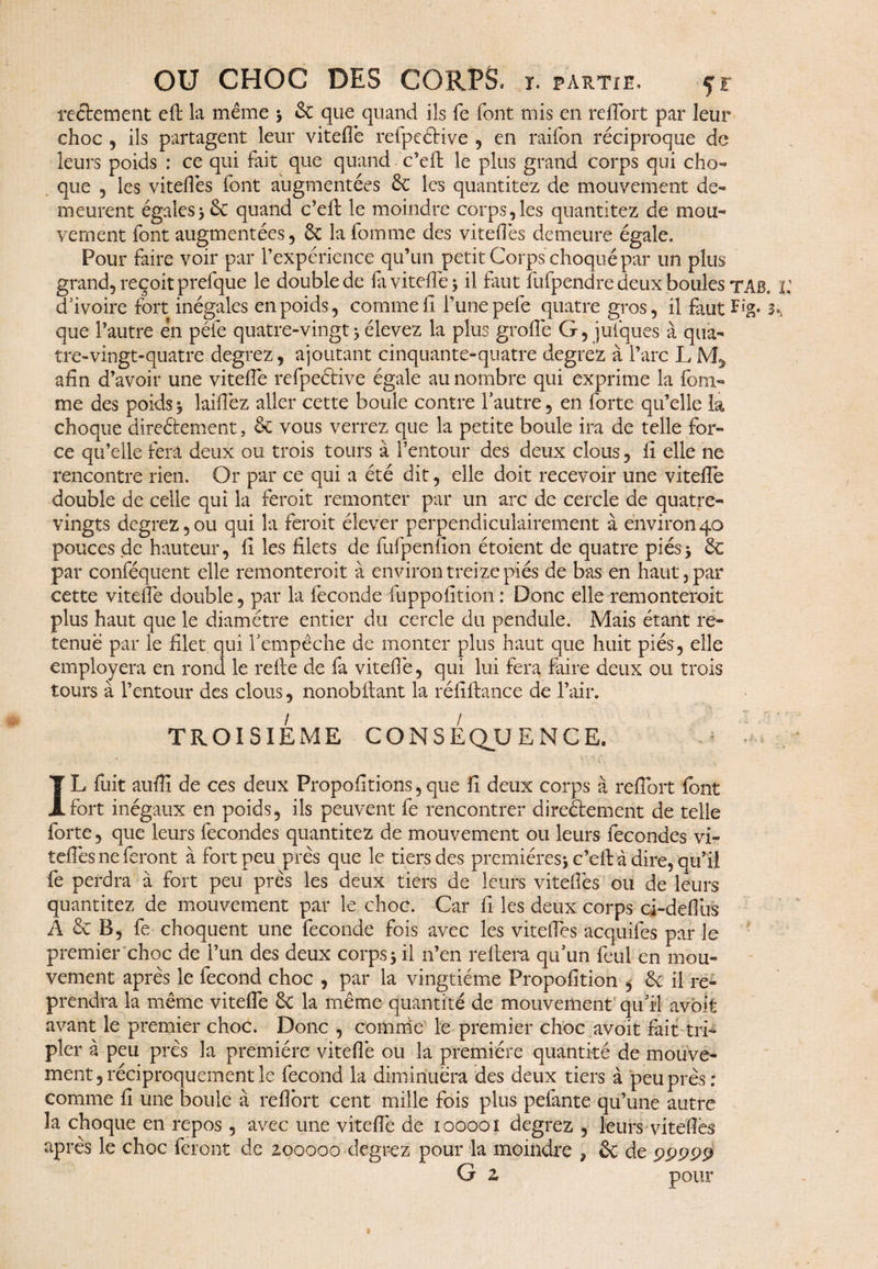 reétement eft la même 3 6c que quand ils Te font mis en reflort par leur choc , ils partagent leur vitefie refpcélive , en raifon réciproque de leurs poids : ce qui fait que quand c’efi: le plus grand corps qui cho- que , les viteflès font augmentées & les quantitez de mouvement de¬ meurent égales 3 6e quand c’eft le moindre corps,les quantitez de mou¬ vement font augmentées, 6c la fournie des viteflès demeure égale. Pour faire voir par l’expérience qu’un petit Corps choqué par un plus grand, reçoit prefque le double de fa vitefie 3 il faut fufpendre deux boules tAB. d’ivoire fort inégales en poids, comme il l’une pefe quatre gros, il faut^îg- 3 que l’autre en péfe quatre-vingt5 élevez la plus groflè G, jufques à qua¬ tre-vingt-quatre degrez, ajoutant cinquante-quatre degrez à l’arc L afin d’avoir une vitefie refpeftive égale au nombre qui exprime la fom- me des poids3 laifièz aller cette boule contre l’autre, en forte qu’elle la choque directement, 6c vous verrez que la petite boule ira de telle for¬ ce qu’elle fera deux ou trois tours à l’entour des deux clous, fi elle ne rencontre rien. Or par ce qui a été dit, elle doit recevoir une vitefie double de celle qui la feroit remonter par un arc de cercle de quatre- vingts degrez, ou qui la feroit élever perpendiculairement à environ 40 pouces de hauteur, fi les filets de fufpenfion étoient de quatre pies3 6c par conféquent elle remonteroit à environ treize piés de bas en haut, par cette vitefie double, par la fécondé fuppofition : Donc elle remonteroit plus haut que le diamètre entier du cercle du pendule. Mais étant re¬ tenue par le filet qui l’empêche de monter plus haut que huit piés, elle employera en rond le relie de fa vitefie, qui lui fera faire deux ou trois tours à l’entour des clous, nonobllant la réfillance de l’air, TROISIEME CONSEQUENCE. IL fuit aufii de ces deux Propofitions,que fi deux corps à reflort font fort inégaux en poids, ils peuvent fe rencontrer directement de telle forte, que leurs fécondés quantitez de mouvement ou leurs fécondés vi- tefles ne feront à fort peu près que le tiers des premières* c’efi: à dire, qu’il fe perdra à fort peu près les deux tiers de leurs viteflès ou de leurs quantitez de mouvement par le choc. Car fi les deux corps d-defliis A 6c B, fe choquent une fécondé fois avec les viteflès acquifes par le premier choc de l’un des deux corps 3 il 11’en reliera qu’un feul en mou¬ vement après le fécond choc , par la vingtième Propofition 3 6c il re¬ prendra la même vitefie 6c la même quantité de mouvement qu’il avoit avant le premier choc. Donc , comihe le premier choc avoit fait tri¬ pler à peu près la première vitefie ou la première quantité de mouve¬ ment, réciproquement le fécond la diminuera des deux tiers à peu près: comme fi une boule à reflort cent mille fois plus pefante qu’une autre la choque en repos , avec une vitefie de 100001 degrez , leurs viteflès après le choc feront de 200000 degrez pour la moindre > 6c de 99999 G z pour