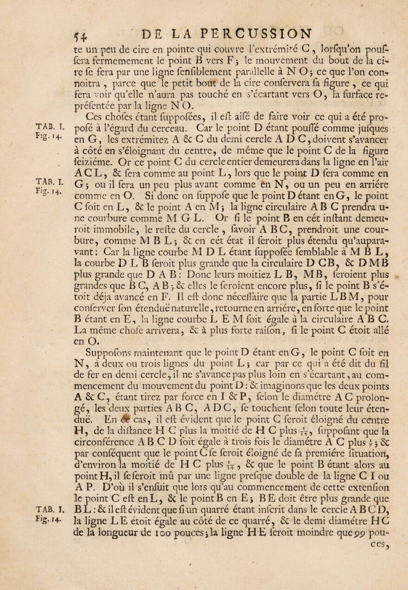 TAB. T. Fig. 14. TAB. I. Fig. 14. TAB. I. Fig.14- 54. ' DE LA PERCUSSION te un peu de cire en pointe qui couvre l’extrémité C , lorfqu’on pouf¬ fera fermemement le point B vers F 5 le mouvement du bout de la ci¬ re fe fera par une ligne fenfiblement parallelle à N O > ce que l’on con- noitra , parce que ' le petit bout de la cire confervera fa figure , ce qui fera voir qu’elle n’aura pas touché en s’écartant vers O, la furface re* préfentée par la ligne N O. Ces choies étant fuppofées, il eft aifé de faire voir ce qui a été pro- pofé à l’égard du cerceau. Car le point D étant pouffé comme jufques en G, les extrémités A & C du demi cercle ADC, doivent s’avancer à côté en s’éloignant du centre, de même que le point C de la figure feiziéme. Or ce point C du cercle entier demeurera dans la ligne en l’air ACL, 6c fera comme au point L, lors que le point D fera comme en G5 ou il fera un peu plus avant comme en N, ou un peu en arriére comme en O. Si donc on fuppofe que le point D étant en G, le point C foit en L, & le point AenMj la ligne circulaire ABC prendra u- ne courbure comme M G L. Or fi le point B en cét inftant demeu** roit immobile, le refte du cercle , favoir ABC, prendrait une cour¬ bure, comme M B L 5 6c en cét état il feroit plus étendu qu’aupara- vant: Car la ligne courbe M D L étant fuppofée femblable à M B L, la courbe D L B feroit plus grande que la circulaire DCB, & DMB plus grande que DAB: Donc leurs moitiez L B, MB, feraient plus grandes que B C, A B ; 6c elles le feraient encore plus, fi le point B s’é» toit déjà avancé en F. Il eft donc néceffaire que la partie LBM, pour conferver fon étendue naturelle, retourne en arriére, en forte que le point B étant en E, la ligne courbe L E M foit égale à la circulaire A B C. La même choie arrivera, 6c à plus forte raifon, fi le point C étoit allé en O. Suppofons maintenant que le point D étant en G, le point C foit en N, à deux ou trois lignes du point L$ car par ce qui a été dit du fil de fer en demi cercle, il ne s’avance pas plus loin en s’écartant, au com¬ mencement du mouvement du point D : 6c imaginons que les deux points A 6c C, étant tirez par force en I 6c P, félon le diamètre A C prolon¬ gé, les'deux parties ABC, ADC, fe touchent félon toute leur éten¬ due. En Ce cas, il eft évident que le point C feroit éloigné du centre H, de la diftance FI C plus la moitié de H C plus A, fuppofànt que la circonférence A B C D foit égale à trois fois le diamètre A C plus f 5 6c par conféquent que le point C fe feroit éloigné de fa première fituation, d’environ la moitié de H C plus , & que le point B étant alors au point H, il fe feroi t mu par une ligne prefque double de la ligne C I ou A P. D’où il s’enfuit que lors qu’au commencement de cette extenfion le point C eft en L, & le point B en Ej BE doit être plus grande que B L : 6c il eft évident que fi un quarré étant infcrit dans le cercle A B C D, la ligne LE étoit égale au côté de ce quarré, 6c le demi diamètre H C de la longueur de 100 pouces j la ligne H E ferait moindre quepp pou¬ ces. <r