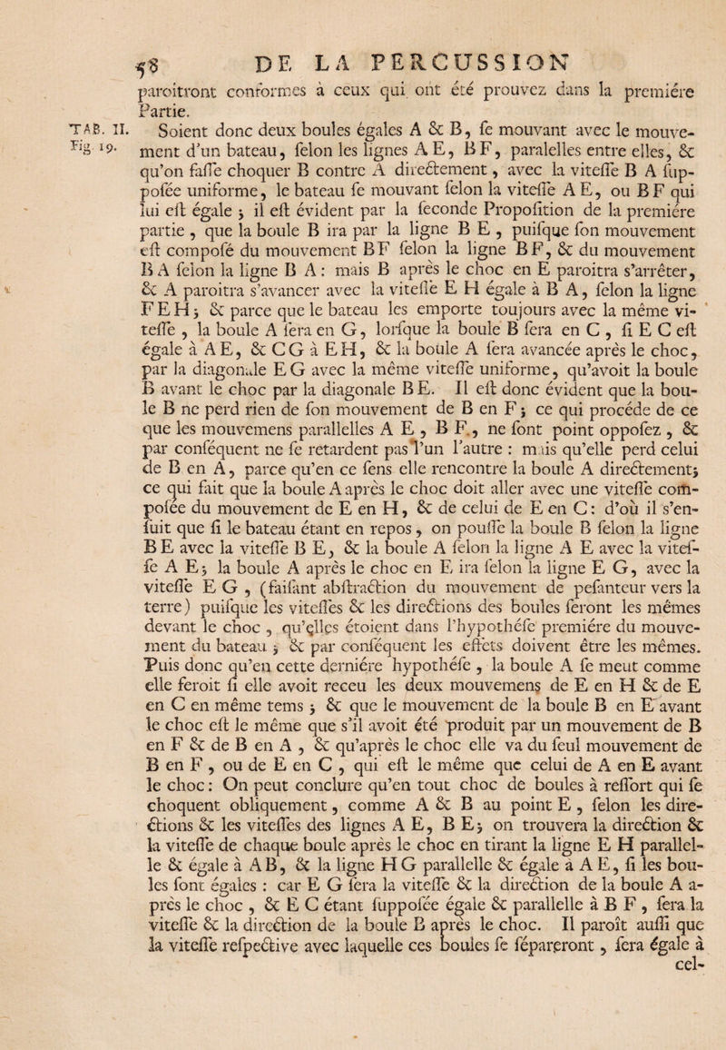 rig 19. 59 DE LA PERCUSSION paraîtront conformes à ceux qui ont été prouvez dans la première Partie. ment d'un bateau, félon les lignes AE, B F, paralelles entre elles, 6c qu’on fafie choquer B contre A directement, avec la vitefie B A fup- pofée uniforme, le bateau fe mouvant félon la vitefie A E, ou B F qui lui eft égale 3 il eft évident par la fécondé Proposition de la première partie , que la boule B ira par la ligne B E , puifque fon mouvement eft compofé du mouvement B F félon la ligne B F, & du mouvement B A félon la ligne B A: mais B après le choc en E paroitra s’arrêter, & A paroitra s’avancer avec la vitefie E H égale à B A, félon la ligne F E H 3 6c parce que le bateau les emporte toujours avec la même vi¬ tefie , la boule A fera en G, lorfque la boule B fera en C , fi E C eft égale à AE, 6c C G à E H, 6c la boule A fera avancée après le choc, par la diagonale E G avec la même vitefie uniforme, qu’avoit la boule B avant le choc par la diagonale BE. Il eft donc évident que la bou¬ le B ne perd rien de fon mouvement de B en F 3 ce qui procède de ce que les mouvemens parallelles A E , B F., ne font point oppofez , 6c par conféquent ne fe retardent pas l’un l'autre : mais qu’elle perd celui de B en A, parce qu’en ce fens elle rencontre la boule A directement* ce epi Fait que la boule A après le choc doit aller avec une vitefie com- poiee du mouvement de E en H, & de celui de E en C : d’où il s’en¬ fuit que fi le bateau étant en repos, on poulie la boule B félon la ligne B E avec la vitefie B E, 6c la boule A félon la ligne A E avec la vitef- fe A E 3 la boule A après le choc en E ira félon la ligne E G, avec la vitefie EG, (faifant abftraCtion du mouvement de pefanteur vers la terre) puifque les vitefiès 6c les directions des boules feront les mêmes devant le choc , qu’çllçs étoient dans l’hypothéfe première du mouve¬ ment du bateau 3 6c par conféquent les effets doivent être les mêmes. Puis donc qu’en cette dernière hypothéfe , la boule A fe meut comme elle feroit fi elle avoit receu les deux mouvemens de E en H 6c de E en C en même tems 3 6c que le mouvement de la boule B en E avant le choc eft le même que s'il avoit été produit par un mouvement de B en F 6c de B en A , 6c qu’après le choc elle va du feul mouvement de B en F , ou de E en C , qui eft le même que celui de A en E avant le choc : On peut conclure qu’en tout choc de boules à refiort qui fe choquent obliquement, comme A 6c B au point E , félon les dire¬ ctions 6c les vitefies des lignes A E, B E 3 011 trouvera la direction 6c la vitefie de chaque boule après le choc en tirant la ligne E H parallel- le 6c égale à A B, 6c la ligne H G parallelle 6c égale a A E, fi les bou¬ les font égales : car E G fera la vitefie 6c la direction de la boule A a- près le choc , 6c E G étant fuppofée égale 6c parallelle à B F , fera la vitefie 6c la direction de la boule B après le choc. Il paraît aufii que la vitefie refpeétive avec laquelle ces boules fe fépar,eront , fera égale à cel-