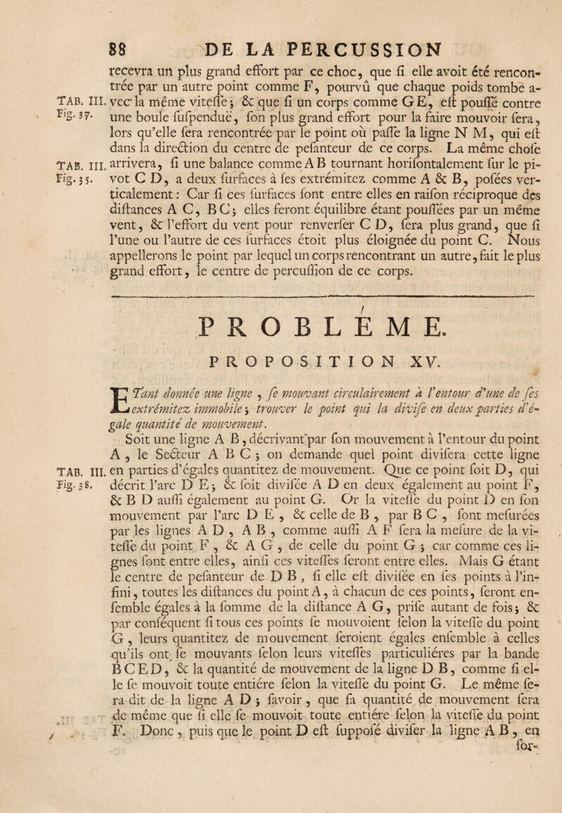 recevra un plus grand effort par ce choc, que fi elle avoit été rencon¬ trée par un autre point comme F, pourvû que chaque poids tombe a- TAB. III. vecla même viteffe 3 6c que fi un corps comme GE, eft pouffé contre FlS* 3*7* une boule fufpenduë, fon plus grand effort pour la faire mouvoir fera, lors qu’elle fera rencontrée par le point où paffe la ligne N M, qui eft dans la direction du centre de pefanteur de ce corps. La même chofe TAB, m. arrivera, fi une balance comme AB tournant horifontalement fur le pi- Fig. 35. vot CD, a deux furfaces à fes extrémitez comme A 6c B, pofées ver¬ ticalement : Car fi ces furfaces font entre elles en raifon réciproque des diftances AC, B C 3 elles feront équilibre étant pouffées par un même vent, 6c l’effort du vent pour renverfer CD, fera plus grand, que fi l’une ou l’autre de ces furfaces étoit plus éloignée du point C. Nous appellerons le point par lequel un corps rencontrant un autre, fait le plus grand effort, le centre de pereuffion de ce corps. PROBLEME. PROPOSITION XV. ET'ant donnée une ligne , fe mouvant circulairement a T entour d'une de fes extrémités immobile 3 trouver le point qui la divife en deux parties d'é¬ gale quantité de mouvement. Soit une ligne A B, décrivant^par fon mouvement à l’entour du point A , le Seéfeur A B C 3 on demande quel point divifera cette ligne TAB. III. en parties d’égales quantitez de mouvement. Que ce point foit D, qui Fig. 38. décrit l’arc D E3 6c foit divifée A D en deux également au point F, ÔC B D auffi également au point G. Or la viteffe du point D en fon mouvement par l’arc D E , 6c celle de B , par B C , font mefùrées par les lignes AD, AB, comme auffi A F fera la mefure de la vi- teflé du point F , 6c A G , de celle du point G 3 car comme ces li¬ gnes font entre elles, ainfi ces viteiïës feront entre elles. Mais G étant le centre de pefanteur de D B , fi elle eft divifée en fes points à l’in¬ fini , toutes les diftances du point A, à chacun de ces points, feront en- femble égales à la fomme de la diftance A G, prife autant de fois3 6c par conféquent fi tous ces points fe mouvoient félon la viteffe du point G , leurs quantitez de mouvement feraient égales enfemble à celles qu'ils ont. fe mouvants félon leurs vitefiës particulières par la bande BCRD, 6c la quantité de mouvement de la ligne D B, comme fi el¬ le fe mouvoit toute entière félon la viteffe du point G. Le même fe¬ ra dit de la ligne A D 5 favoir, que fa quantité de mouvement fera de même que fi elle fe mouvoit toute entière félon la viteffe du point F. Donc, puis que le point D eft fuppofé divifer la ligne A B , en